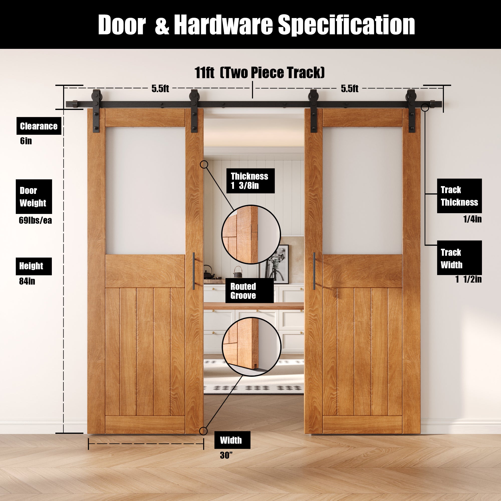 84" Height Early American Half Lite Frosted Glass Double Unassembled & Finished Pine Wood Barn Door with Non-Bypass Installation Hardware Kit (Interior Use Only)