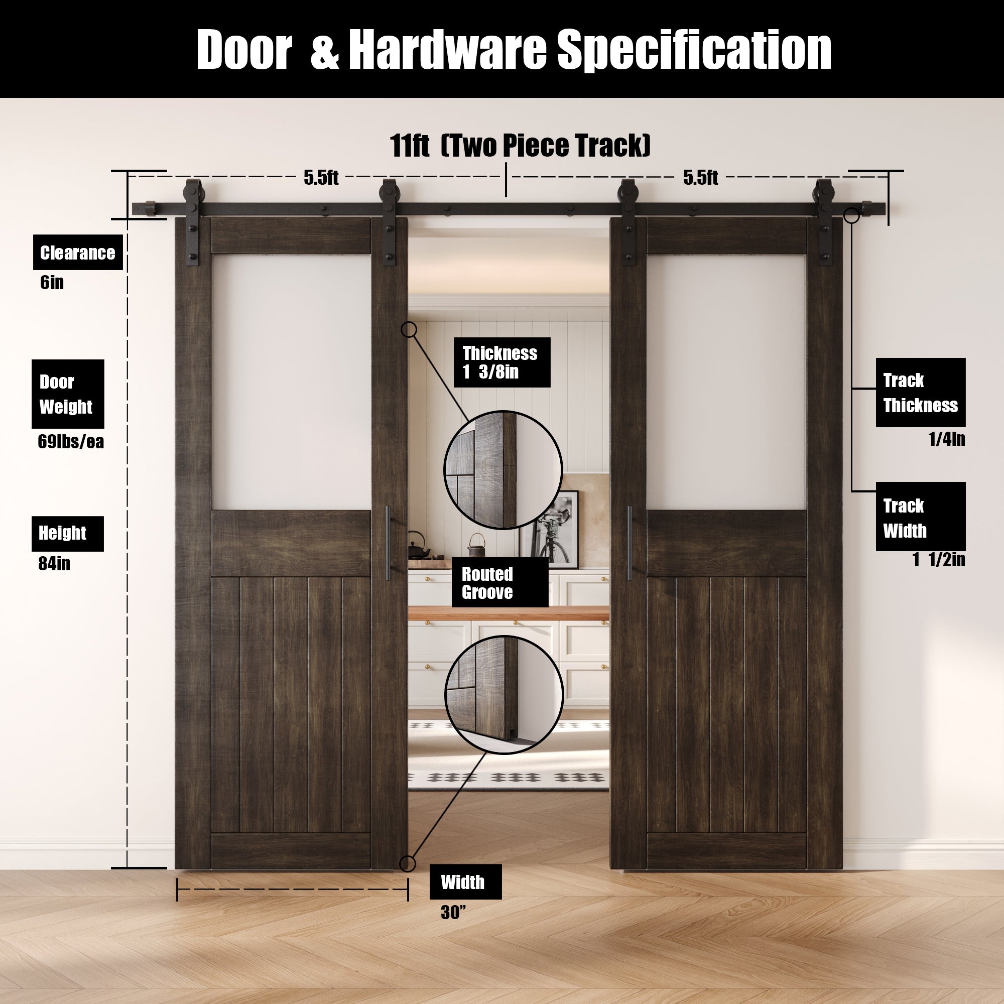 84" Height Ebony Half Lite Frosted Glass Double Unassembled & Finished Pine Wood Barn Door with Non-Bypass Installation Hardware Kit (Interior Use Only)
