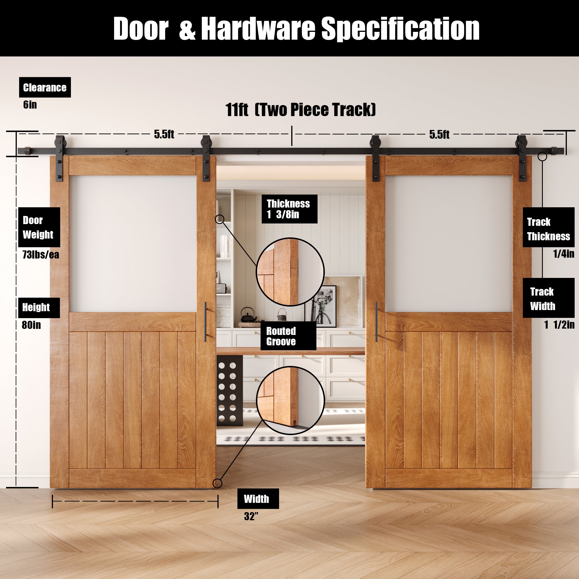 80" Height Early American Half Lite Frosted Glass Double Unassembled & Finished Pine Wood Barn Door with Non-Bypass Installation Hardware Kit (Interior Use Only)