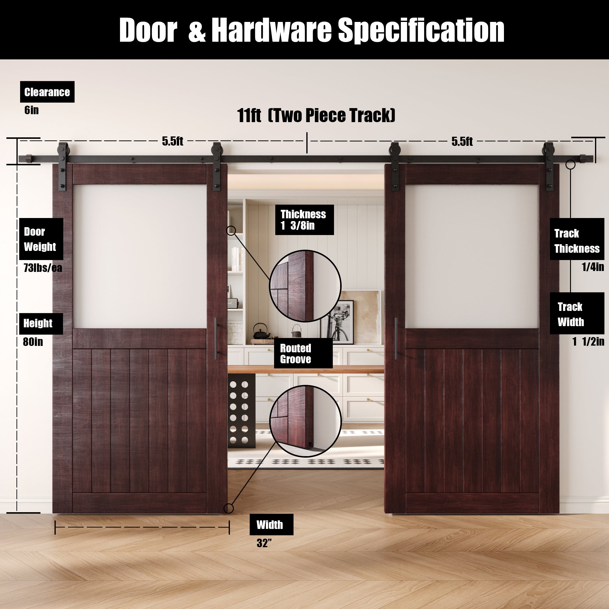 80" Height Red Mahogany Half Lite Frosted Glass Double Unassembled & Finished Pine Wood Barn Door with Non-Bypass Installation Hardware Kit (Interior Use Only)