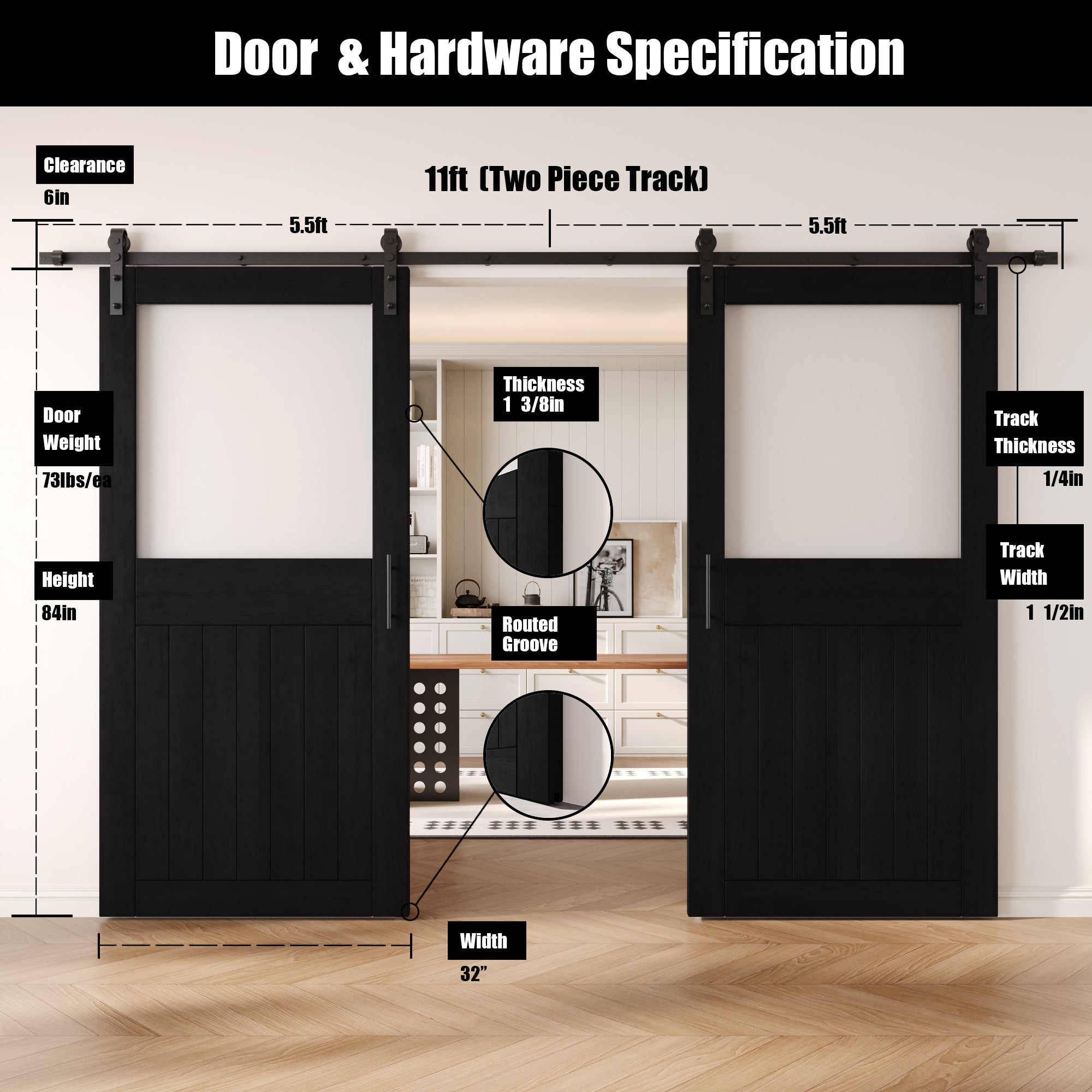 84" Height Black Half Lite Frosted Glass Double Unassembled & Finished Pine Wood Barn Door with Non-Bypass Installation Hardware Kit (Interior Use Only)