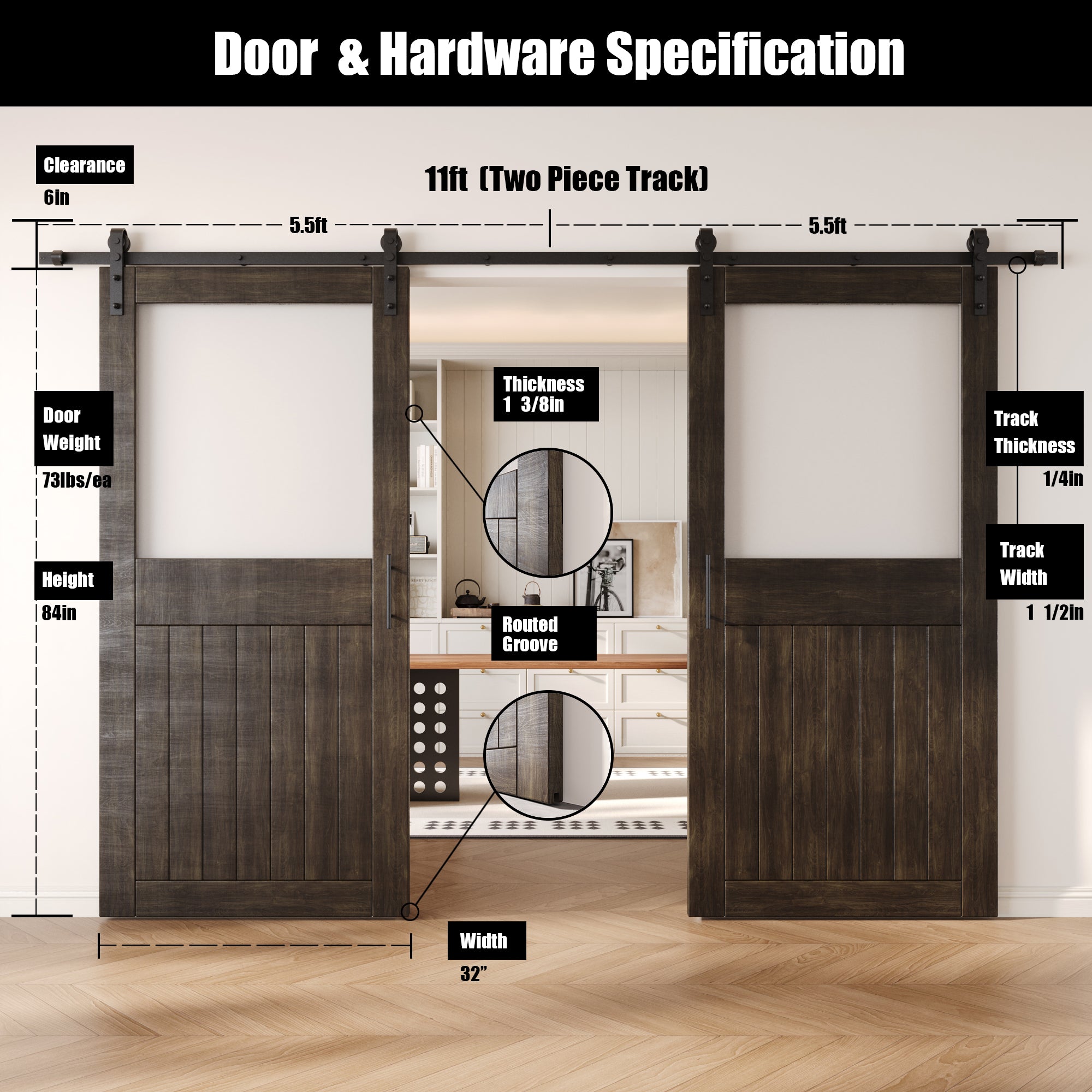 84" Height Ebony Half Lite Frosted Glass Double Unassembled & Finished Pine Wood Barn Door with Non-Bypass Installation Hardware Kit (Interior Use Only)