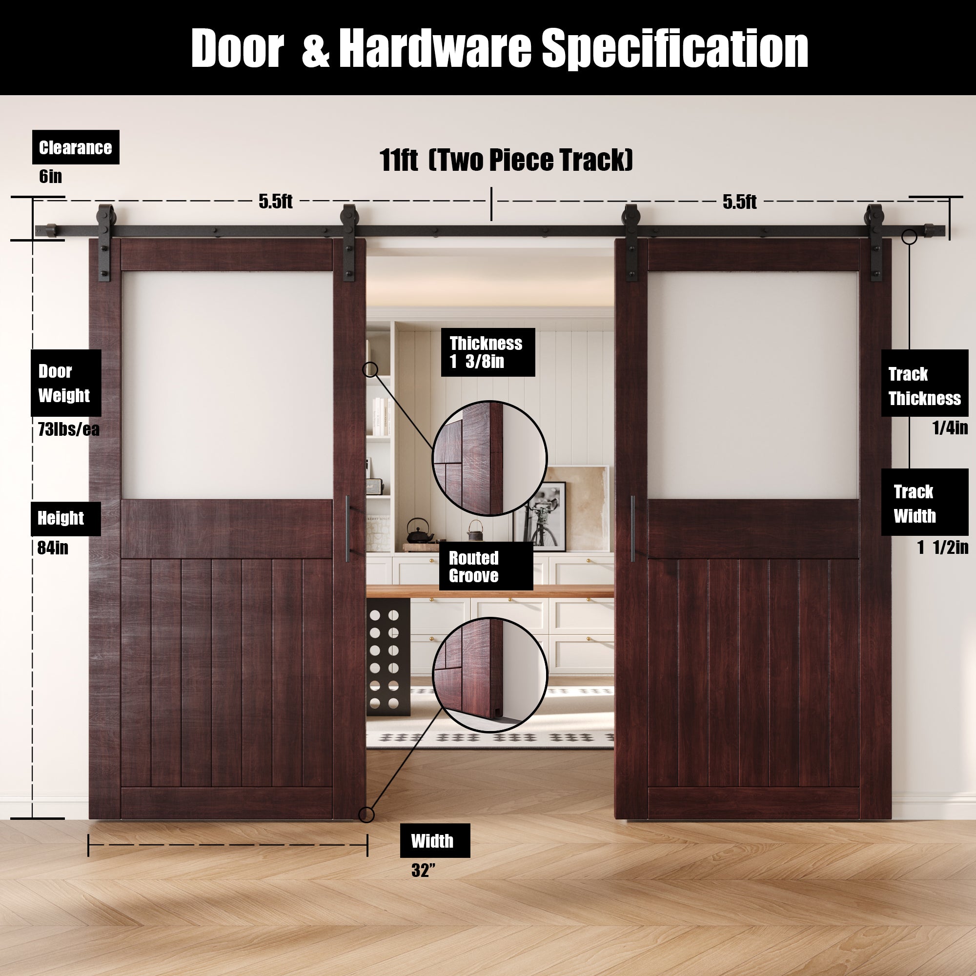84" Height Red Mahogany Half Lite Frosted Glass Double Unassembled & Finished Pine Wood Barn Door with Non-Bypass Installation Hardware Kit (Interior Use Only)