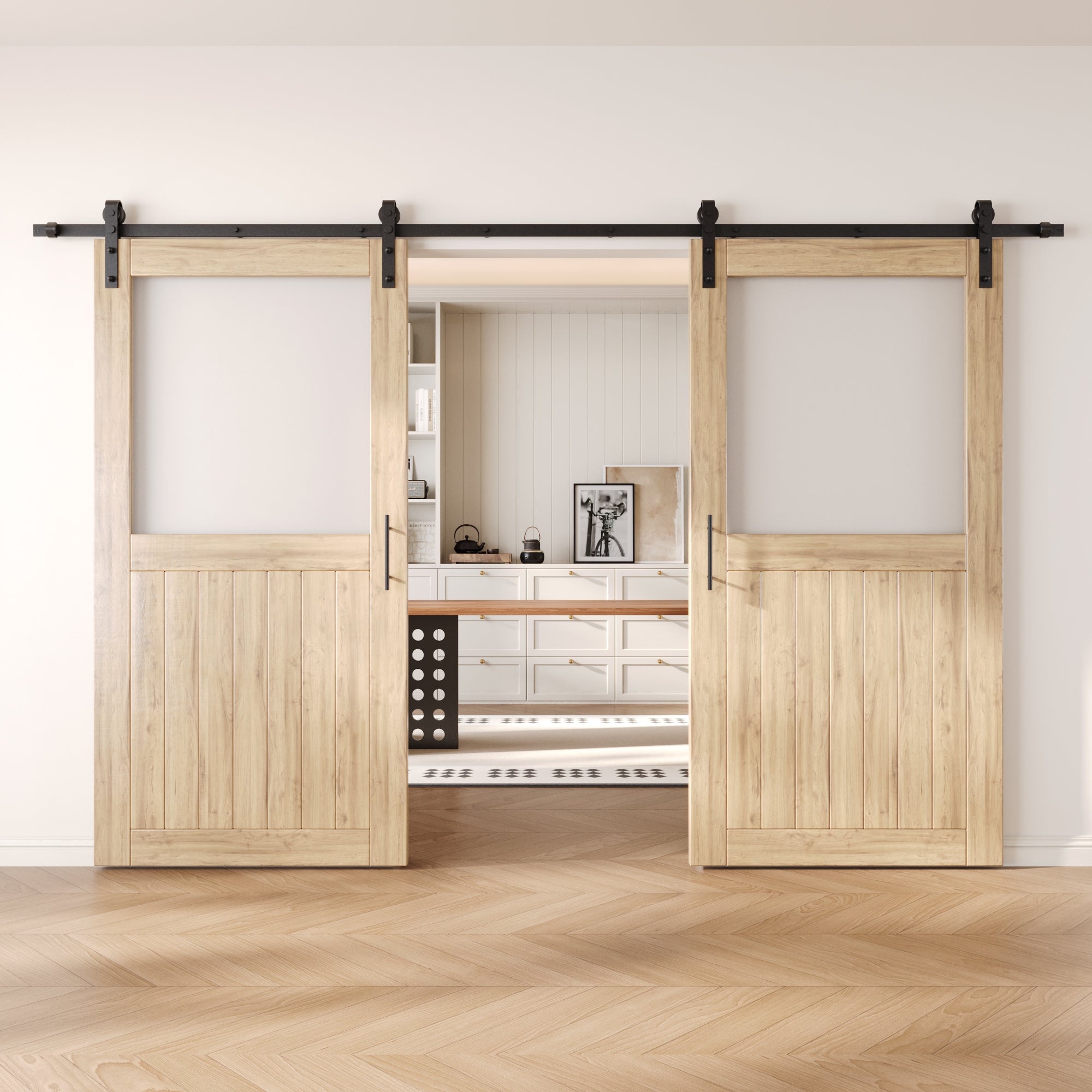 80" Height Half Lite Frosted Glass Double Unassembled & Unfinished Pine Wood Barn Door with Non-Bypass Installation Hardware Kit (Interior Use Only)