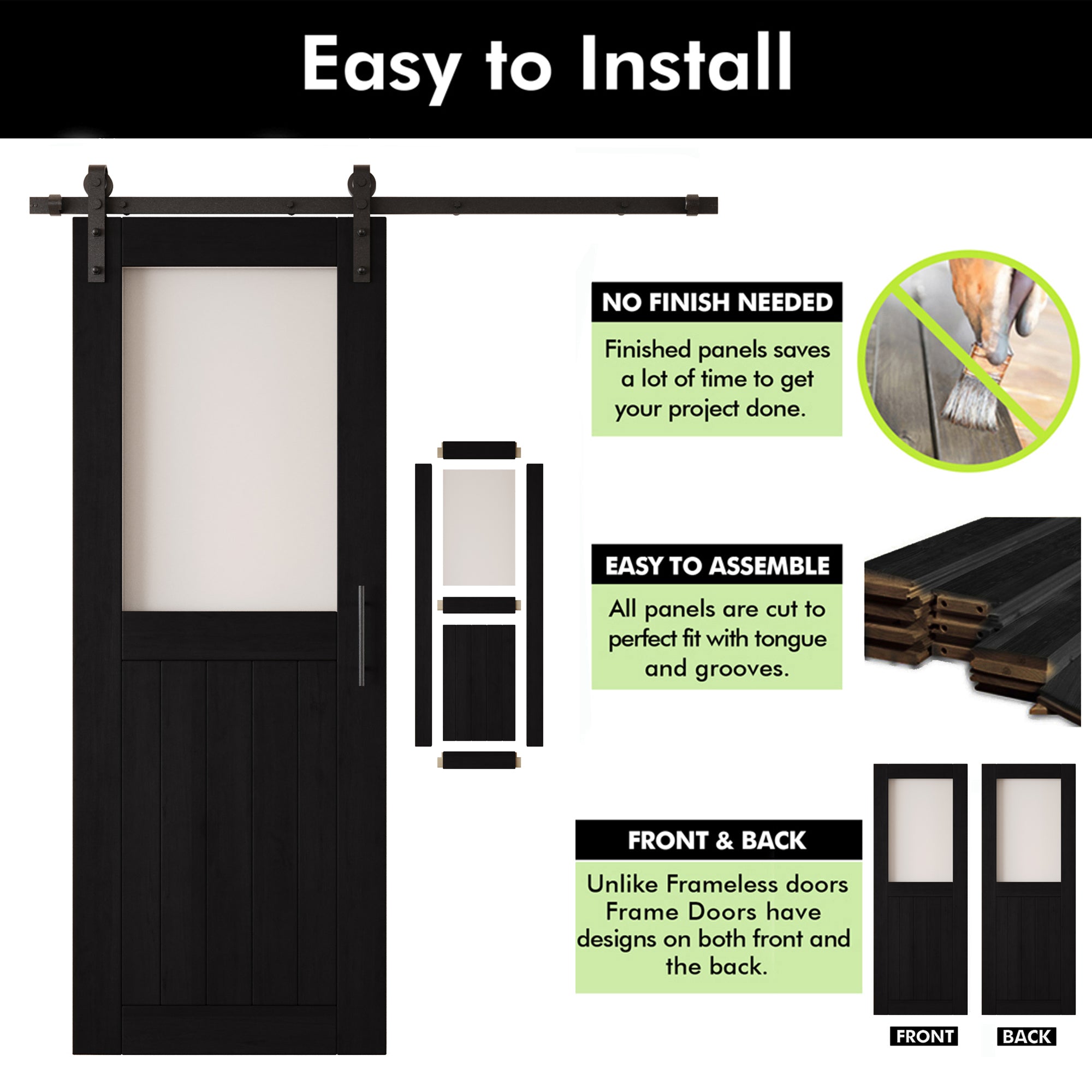 80" Height Black Half Lite Frosted Glass Double Unassembled & Finished Pine Wood Barn Door with Non-Bypass Installation Hardware Kit (Interior Use Only)