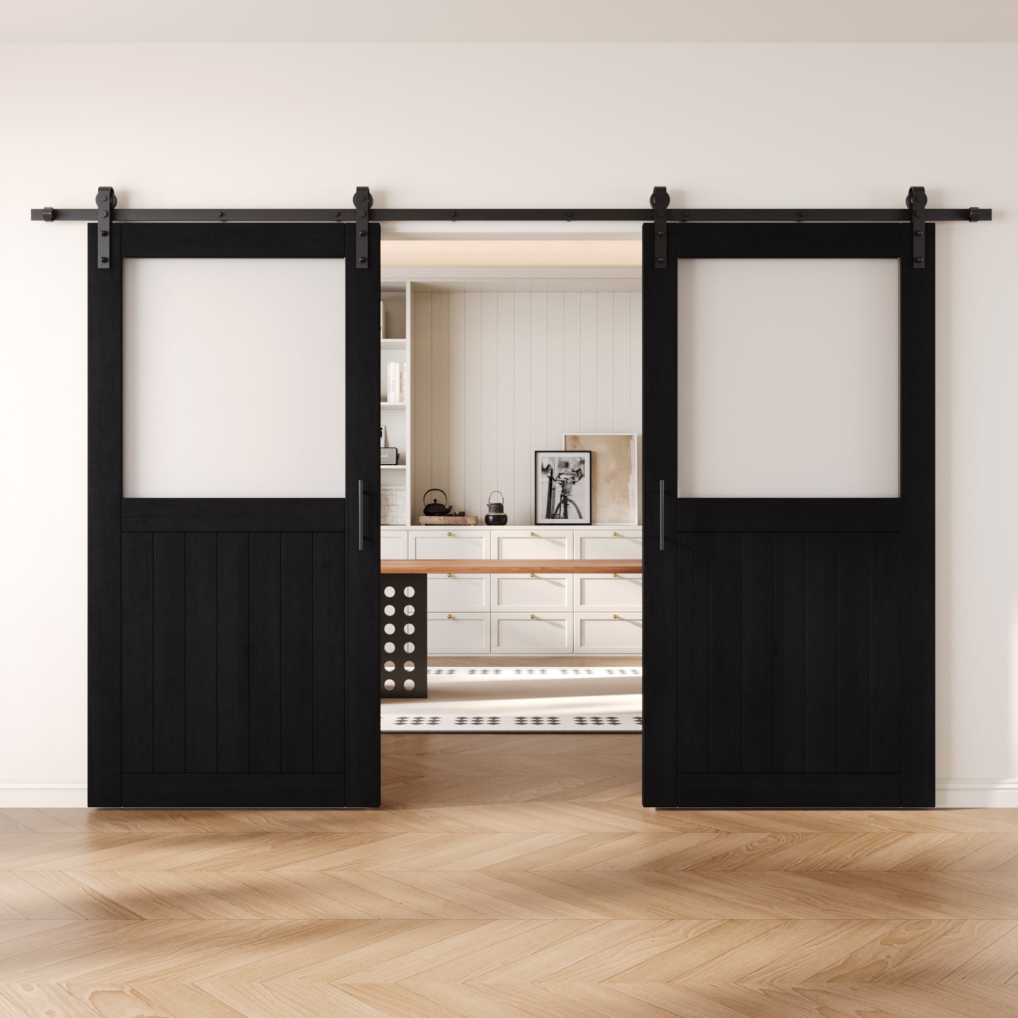 80" Height Black Half Lite Frosted Glass Double Unassembled & Finished Pine Wood Barn Door with Non-Bypass Installation Hardware Kit (Interior Use Only)