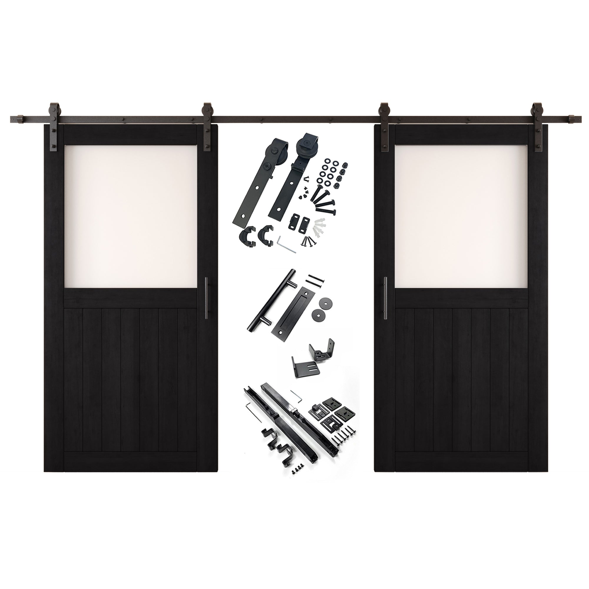 80" Height Black Half Lite Frosted Glass Double Unassembled & Finished Pine Wood Barn Door with Non-Bypass Installation Hardware Kit (Interior Use Only)