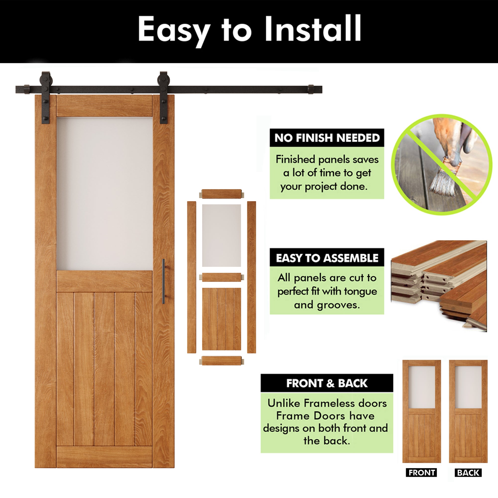80" Height Early American Half Lite Frosted Glass Double Unassembled & Finished Pine Wood Barn Door with Non-Bypass Installation Hardware Kit (Interior Use Only)