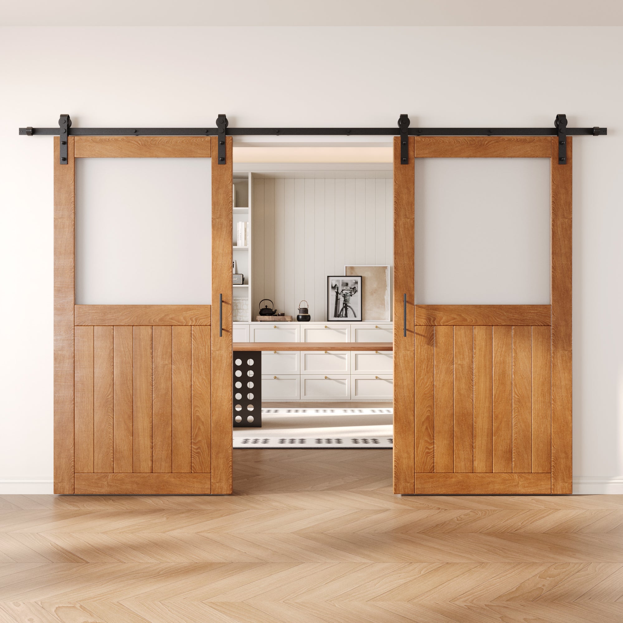 80" Height Early American Half Lite Frosted Glass Double Unassembled & Finished Pine Wood Barn Door with Non-Bypass Installation Hardware Kit (Interior Use Only)