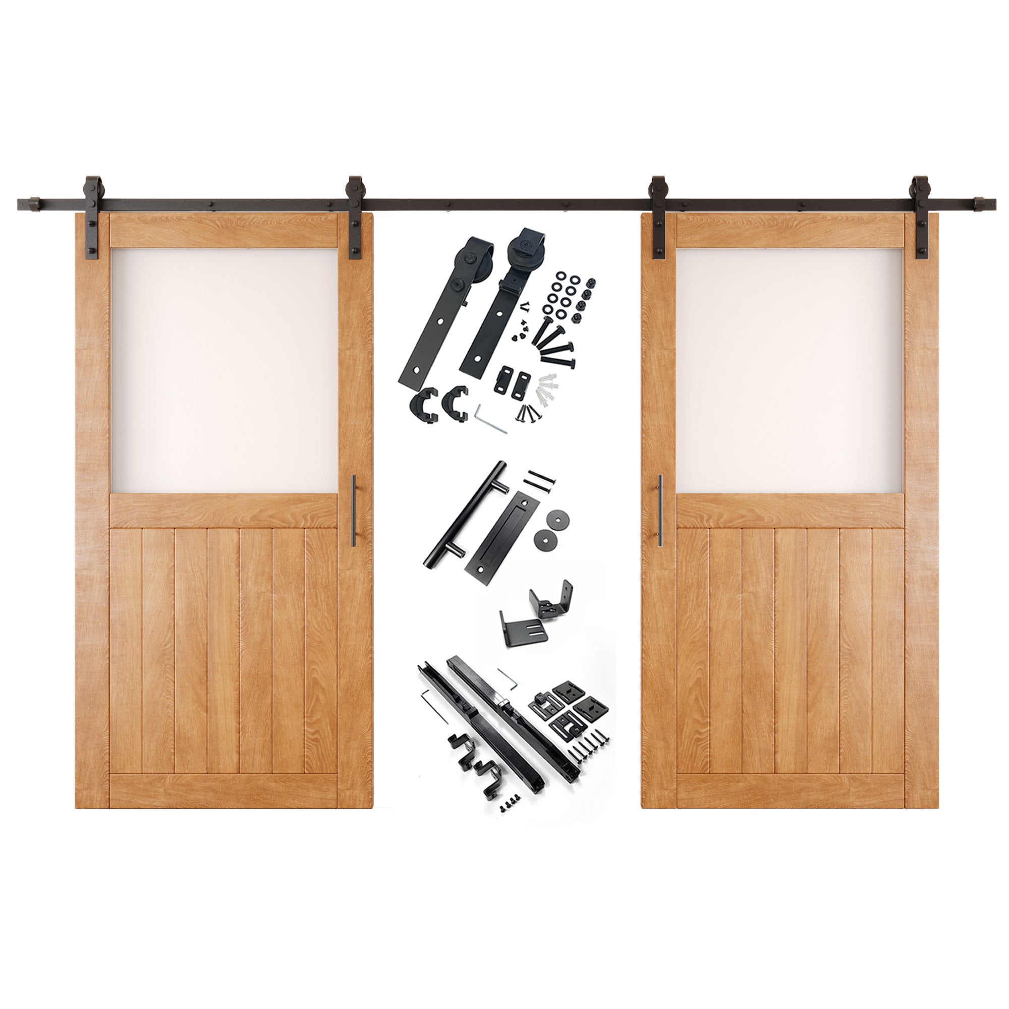 80" Height Early American Half Lite Frosted Glass Double Unassembled & Finished Pine Wood Barn Door with Non-Bypass Installation Hardware Kit (Interior Use Only)