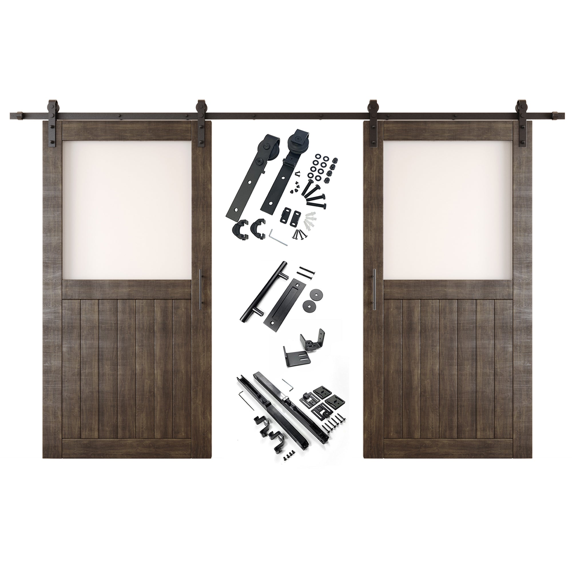 80" Height Ebony Half Lite Frosted Glass Double Unassembled & Finished Pine Wood Barn Door with Non-Bypass Installation Hardware Kit (Interior Use Only)
