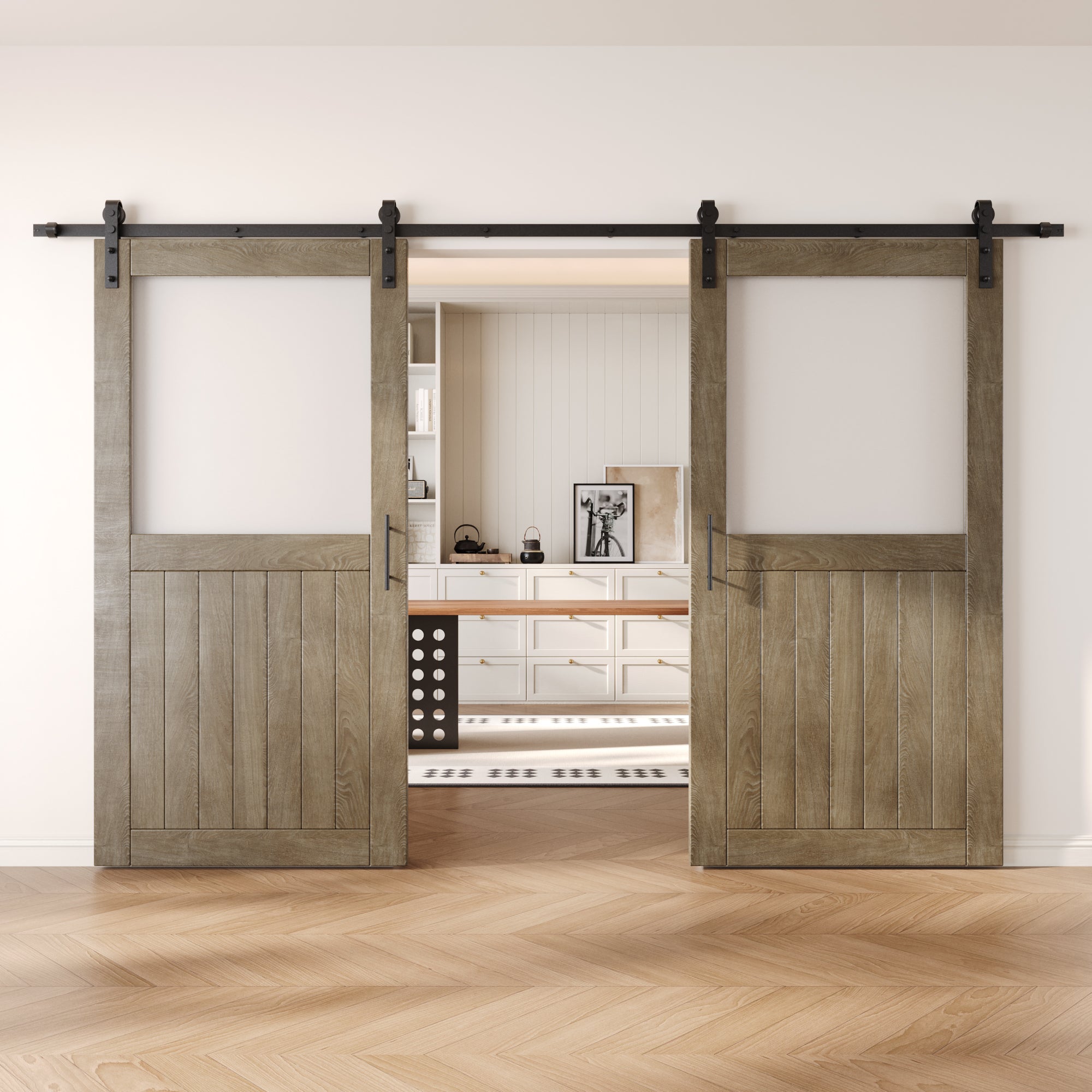 80" Height Classic Gray Half Lite Frosted Glass Double Unassembled & Finished Pine Wood Barn Door with Non-Bypass Installation Hardware Kit (Interior Use Only)
