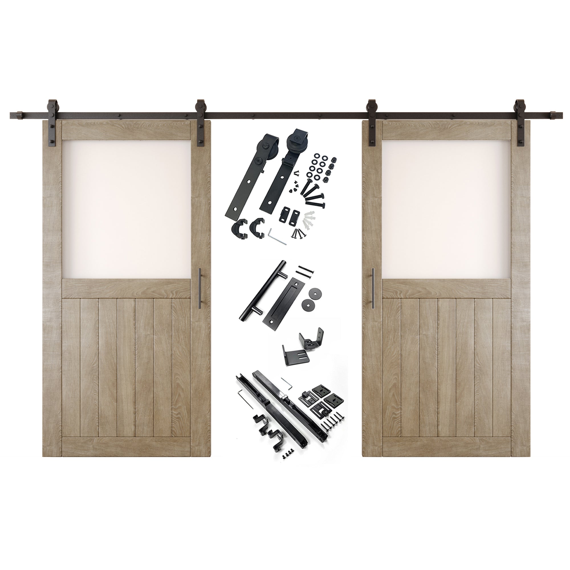 80" Height Classic Gray Half Lite Frosted Glass Double Unassembled & Finished Pine Wood Barn Door with Non-Bypass Installation Hardware Kit (Interior Use Only)