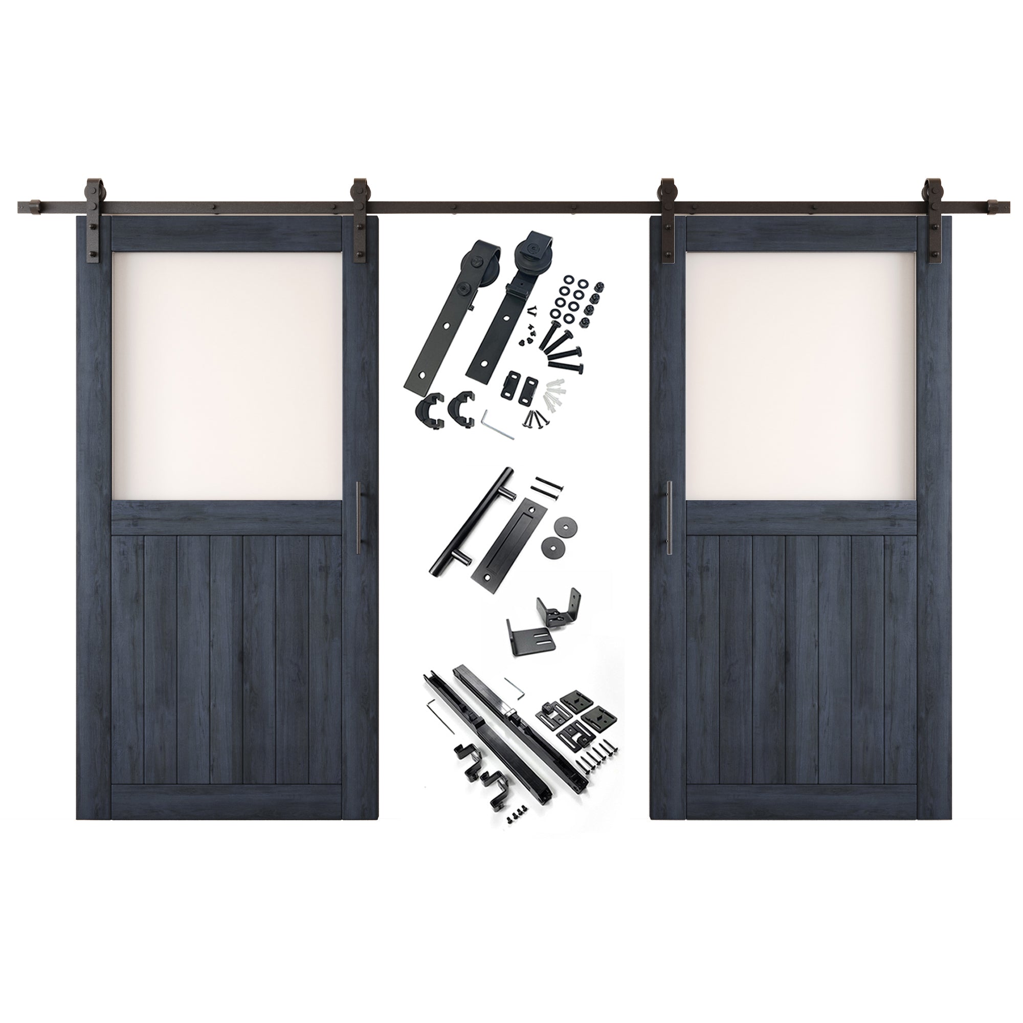 80" Height Navy Half Lite Frosted Glass Double Unassembled & Finished Pine Wood Barn Door with Non-Bypass Installation Hardware Kit (Interior Use Only)