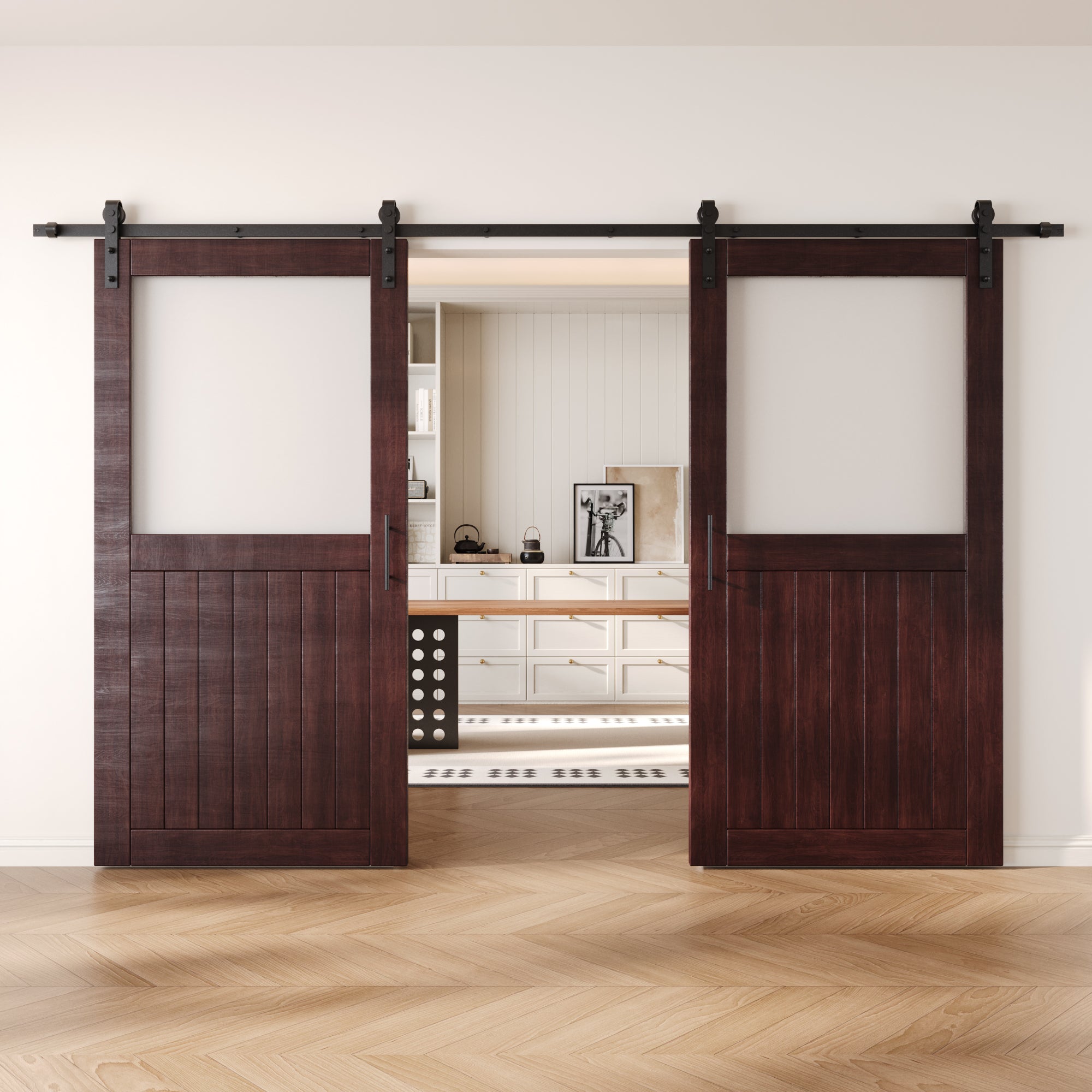 80" Height Red Mahogany Half Lite Frosted Glass Double Unassembled & Finished Pine Wood Barn Door with Non-Bypass Installation Hardware Kit (Interior Use Only)