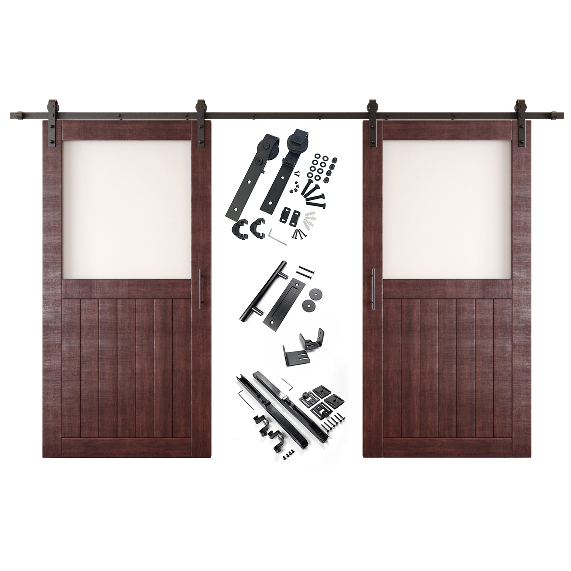 80" Height Red Mahogany Half Lite Frosted Glass Double Unassembled & Finished Pine Wood Barn Door with Non-Bypass Installation Hardware Kit (Interior Use Only)