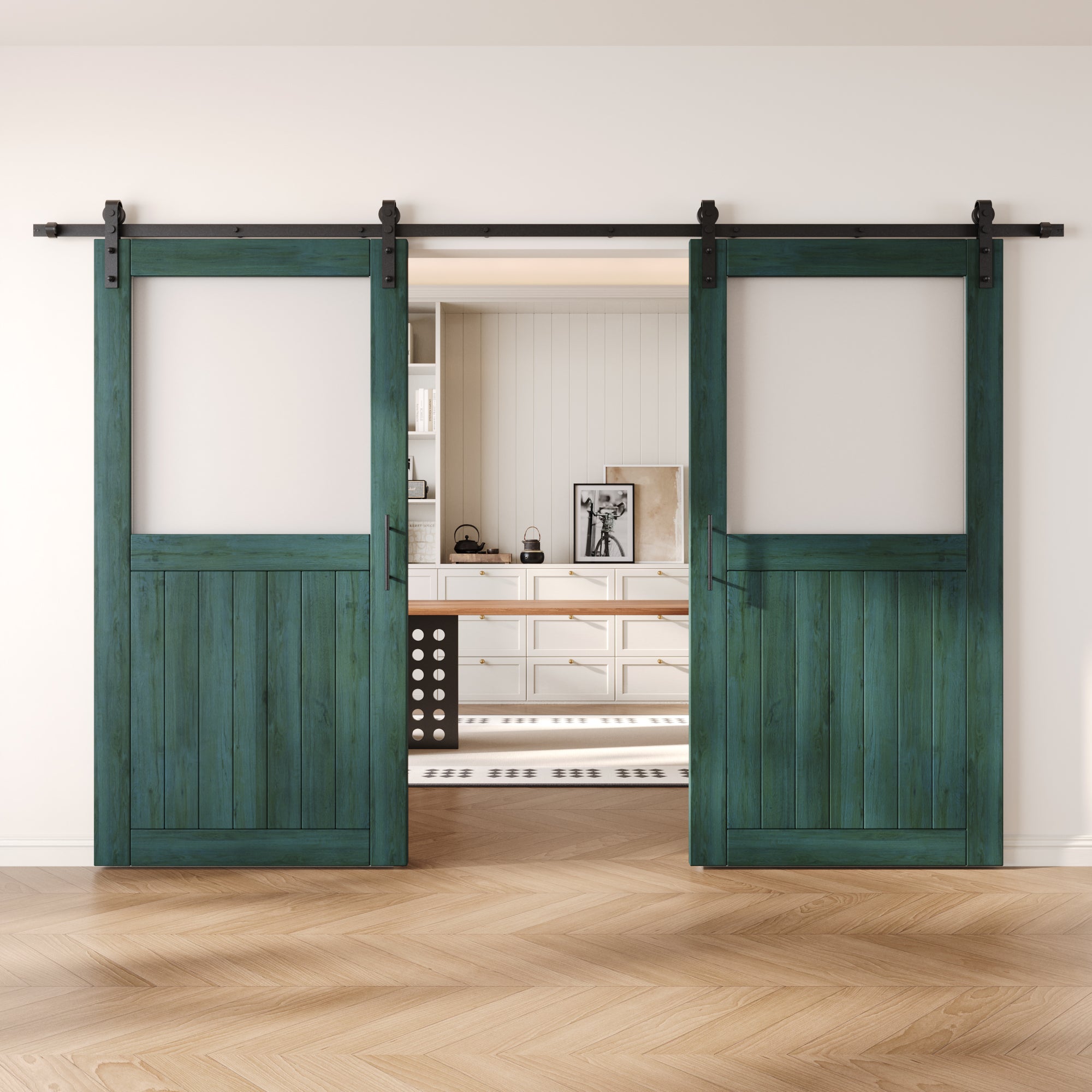 80" Height Royal Pine Half Lite Frosted Glass Double Unassembled & Finished Pine Wood Barn Door with Non-Bypass Installation Hardware Kit (Interior Use Only)