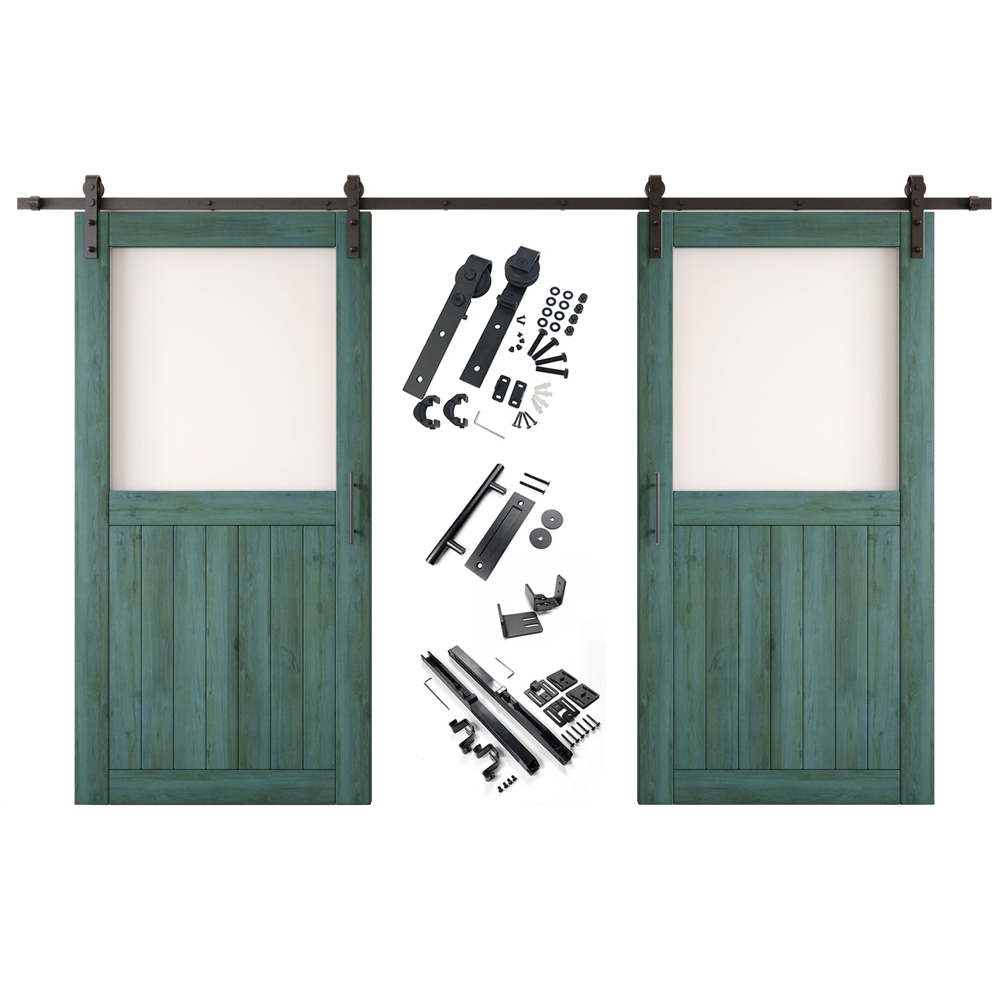 80" Height Royal Pine Half Lite Frosted Glass Double Unassembled & Finished Pine Wood Barn Door with Non-Bypass Installation Hardware Kit (Interior Use Only)