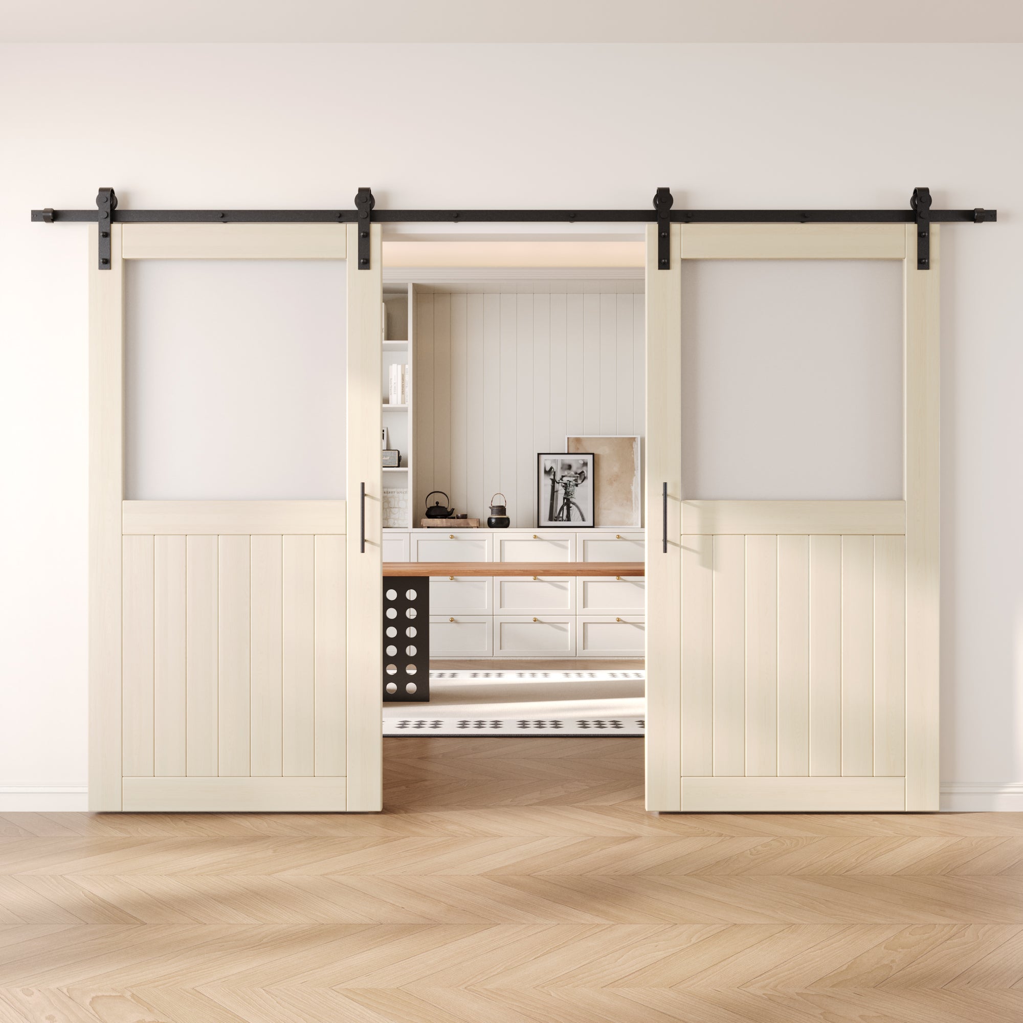 80" Height Tinsmith Gray Half Lite Frosted Glass Double Unassembled & Finished Pine Wood Barn Door with Non-Bypass Installation Hardware Kit (Interior Use Only)