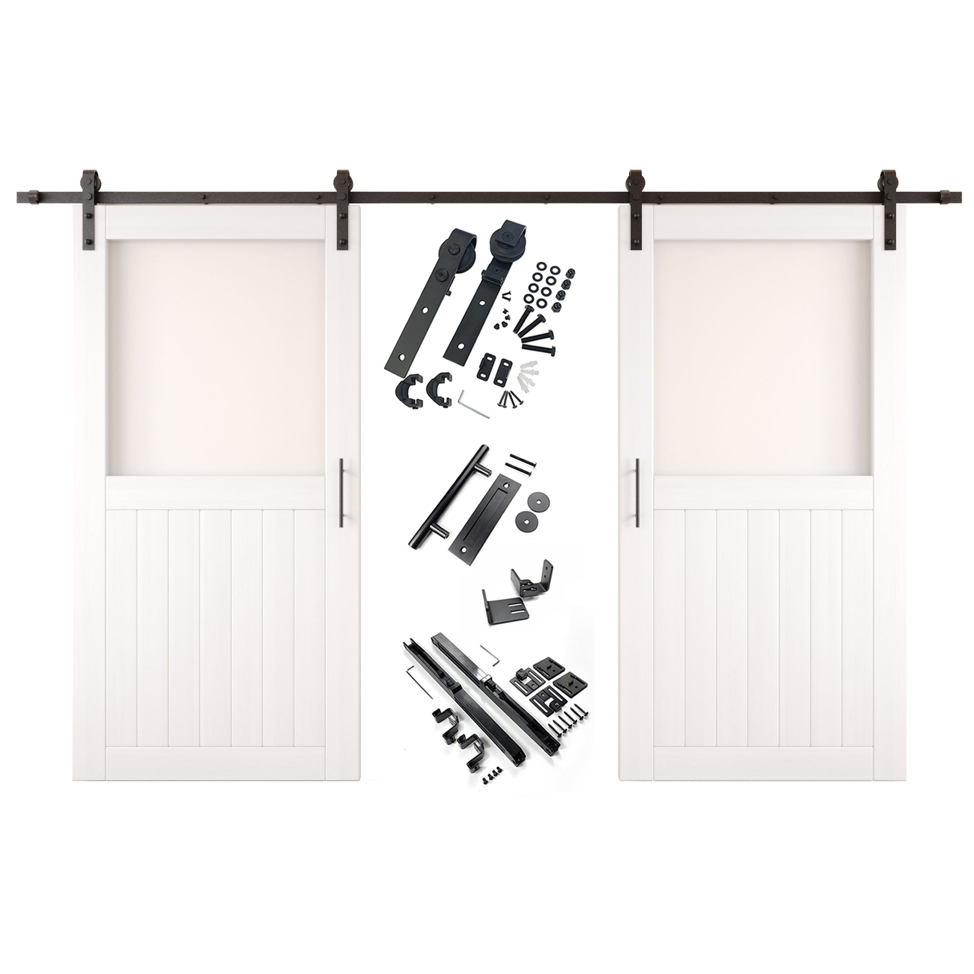80" Height White Half Lite Frosted Glass Double Unassembled & Finished Pine Wood Barn Door with Non-Bypass Installation Hardware Kit (Interior Use Only)