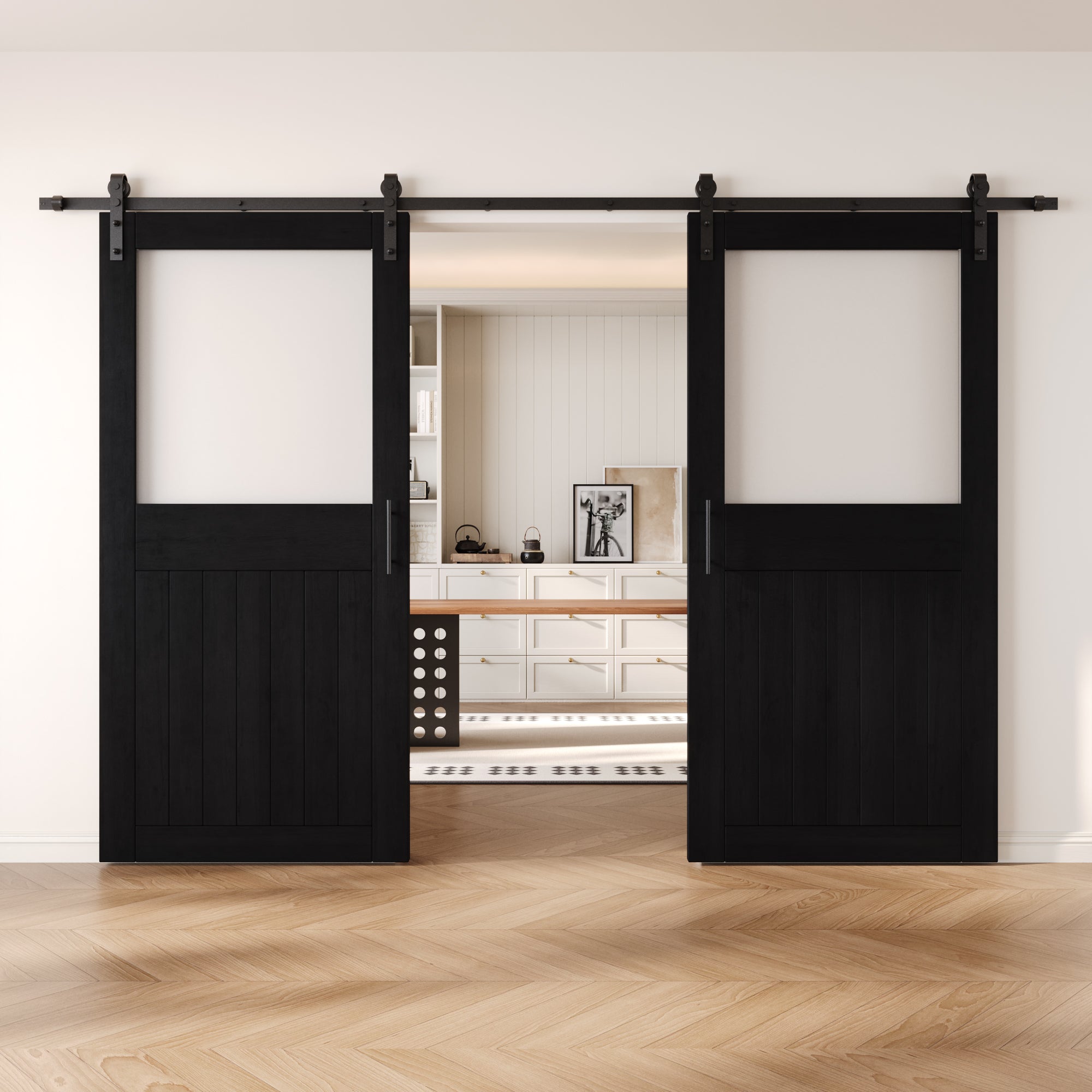 84" Height Black Half Lite Frosted Glass Double Unassembled & Finished Pine Wood Barn Door with Non-Bypass Installation Hardware Kit (Interior Use Only)