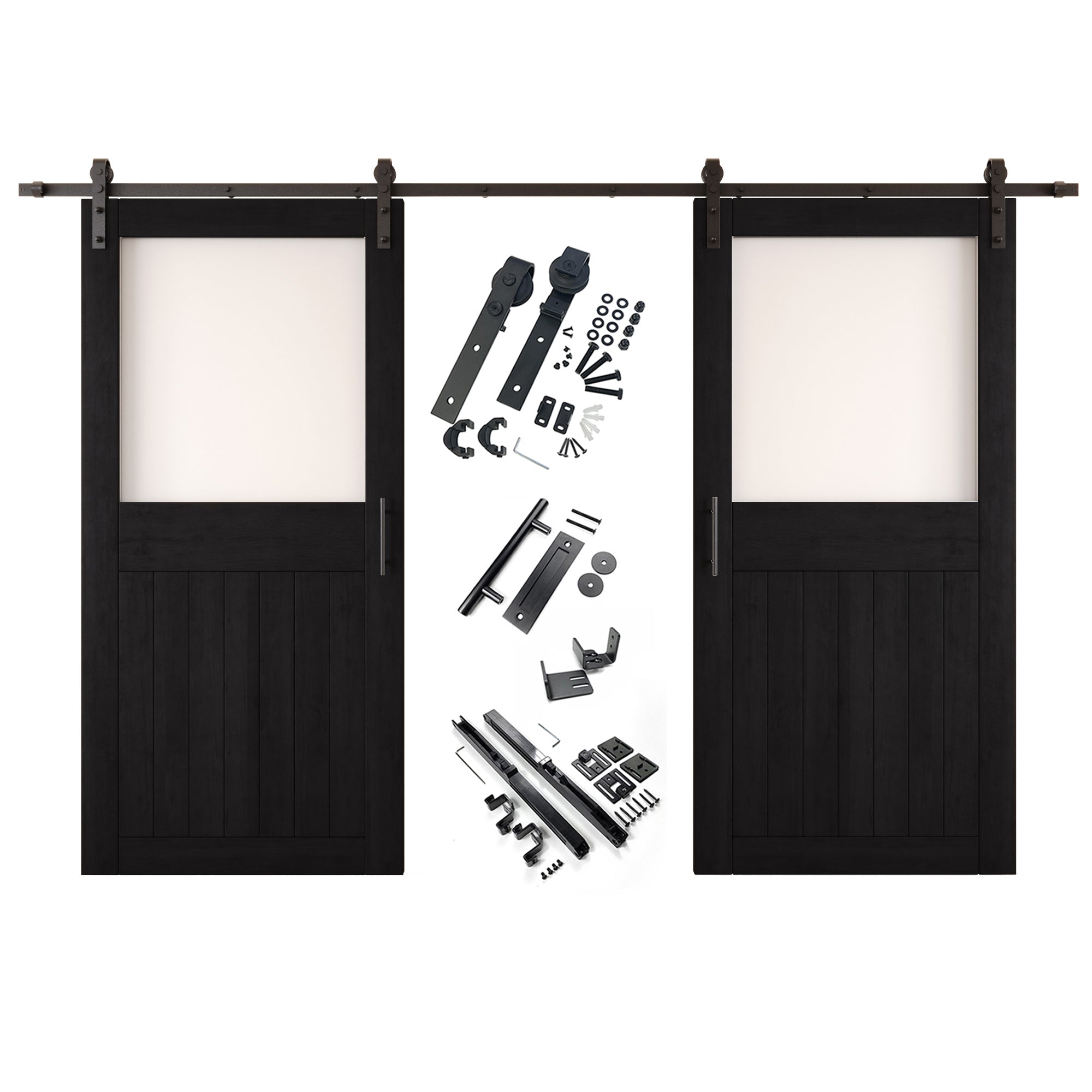 84" Height Black Half Lite Frosted Glass Double Unassembled & Finished Pine Wood Barn Door with Non-Bypass Installation Hardware Kit (Interior Use Only)