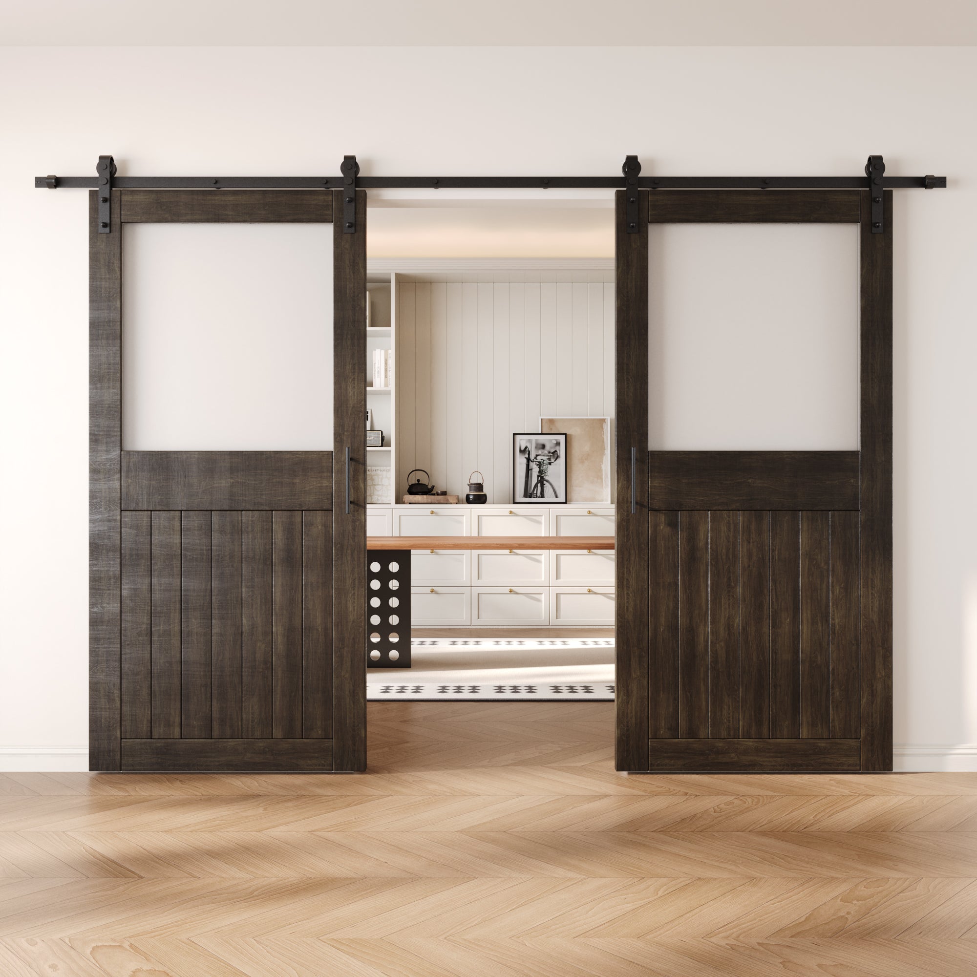 84" Height Ebony Half Lite Frosted Glass Double Unassembled & Finished Pine Wood Barn Door with Non-Bypass Installation Hardware Kit (Interior Use Only)