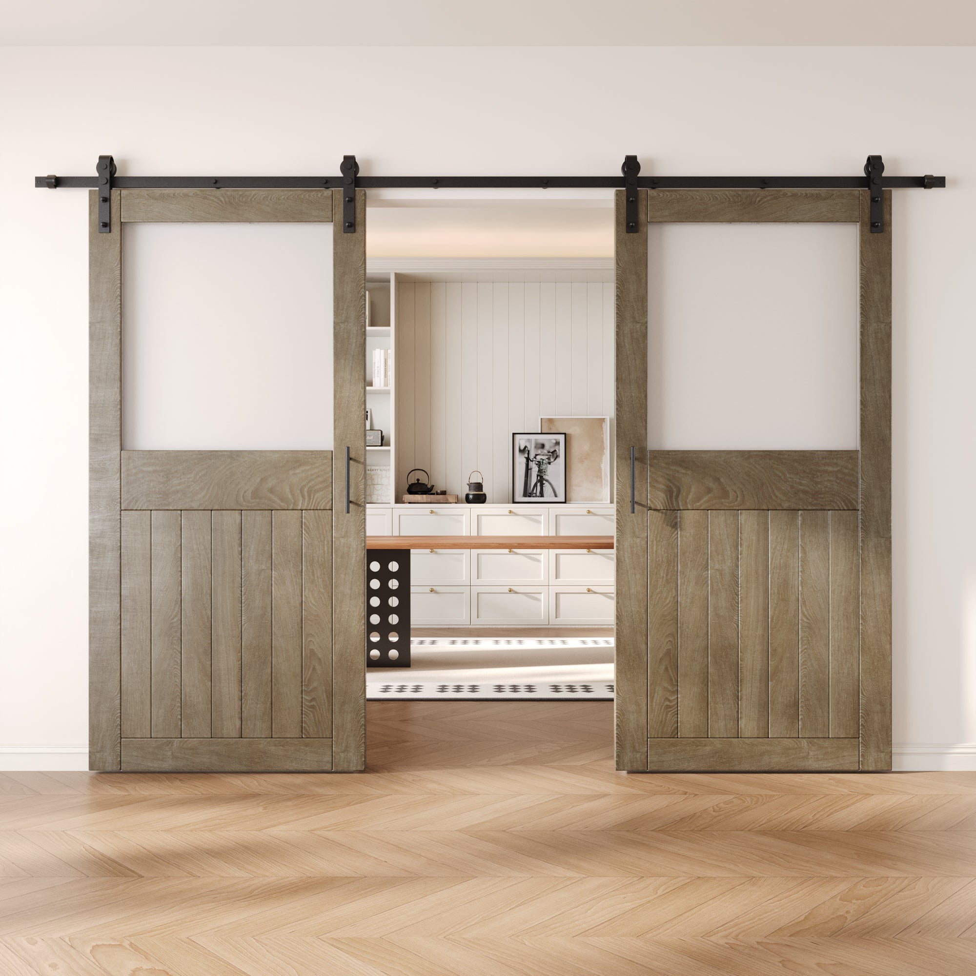 84" Height Classic Gray Half Lite Frosted Glass Double Unassembled & Finished Pine Wood Barn Door with Non-Bypass Installation Hardware Kit (Interior Use Only)