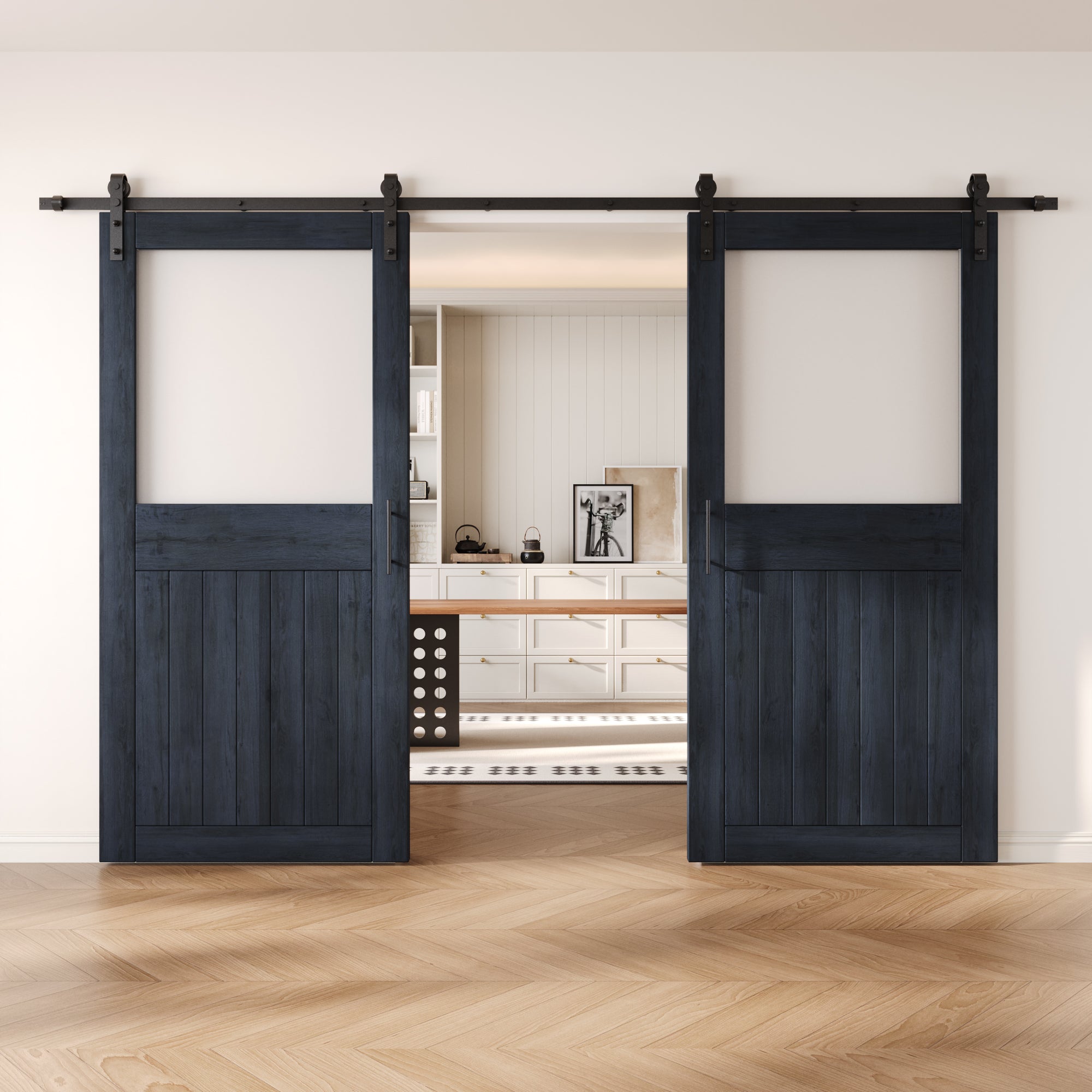 84" Height Navy Half Lite Frosted Glass Double Unassembled & Finished Pine Wood Barn Door with Non-Bypass Installation Hardware Kit (Interior Use Only)