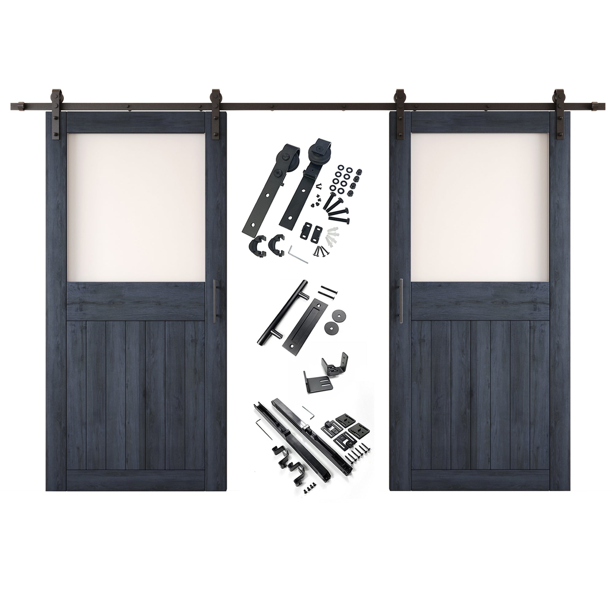 84" Height Navy Half Lite Frosted Glass Double Unassembled & Finished Pine Wood Barn Door with Non-Bypass Installation Hardware Kit (Interior Use Only)