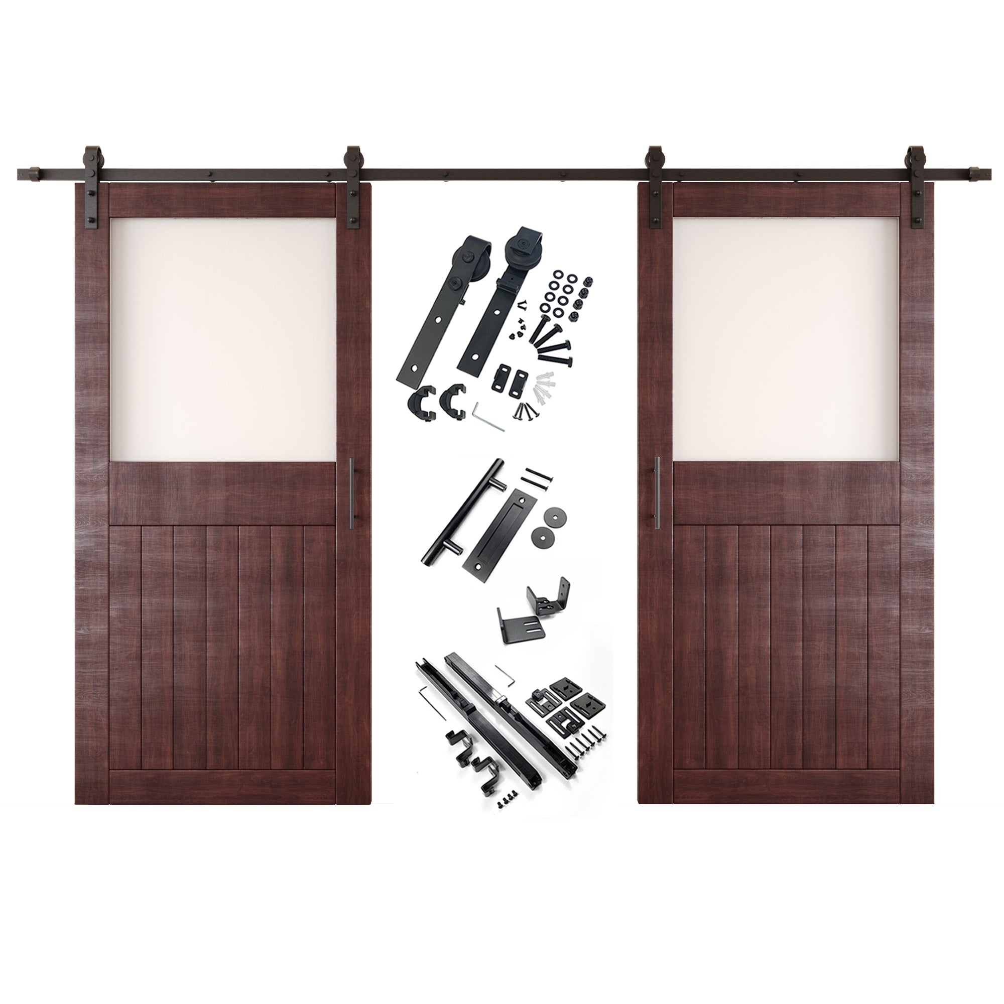 84" Height Red Mahogany Half Lite Frosted Glass Double Unassembled & Finished Pine Wood Barn Door with Non-Bypass Installation Hardware Kit (Interior Use Only)