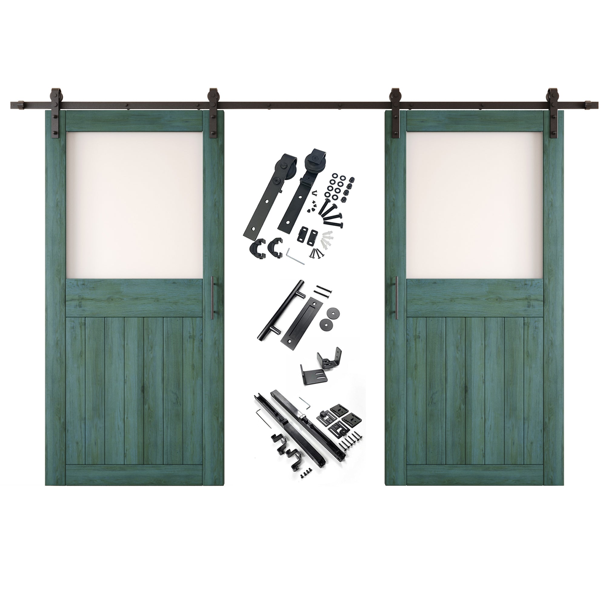 84" Height Royal Pine Half Lite Frosted Glass Double Unassembled & Finished Pine Wood Barn Door with Non-Bypass Installation Hardware Kit (Interior Use Only)