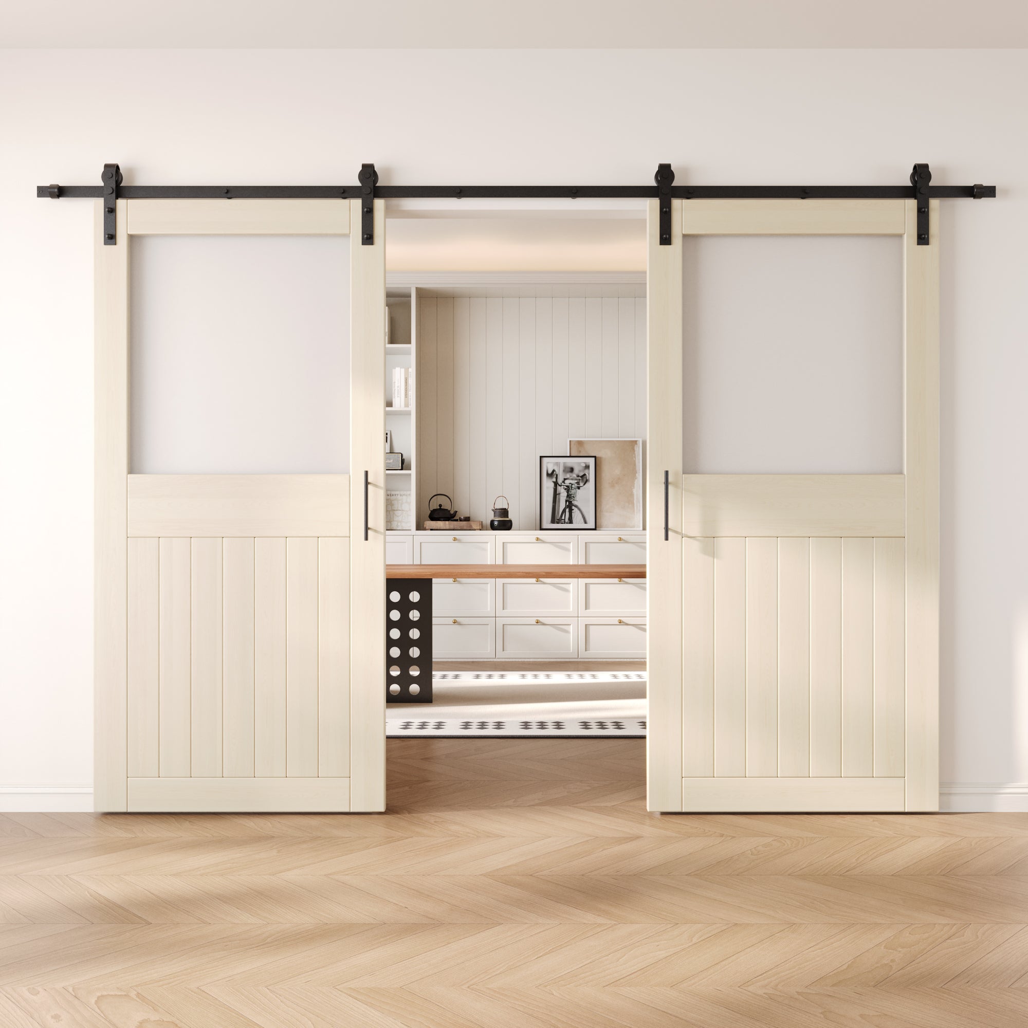 84" Height Tinsmith Gray Half Lite Frosted Glass Double Unassembled & Finished Pine Wood Barn Door with Non-Bypass Installation Hardware Kit (Interior Use Only)