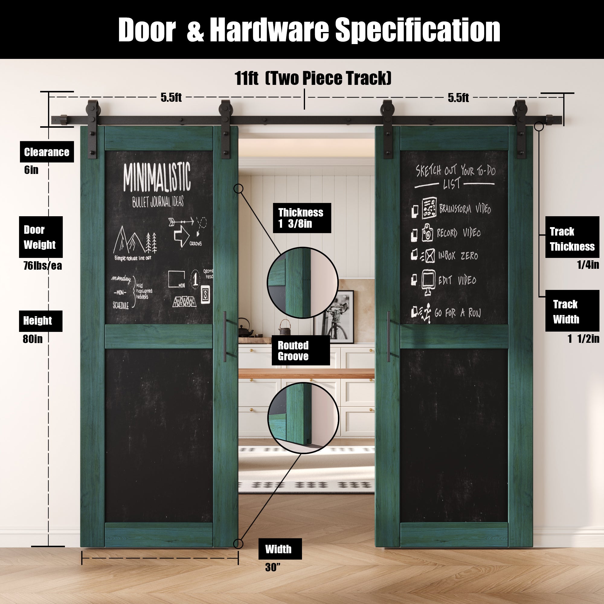 80" Height Royal Pine Chalkboard Design Double Unassembled & Finished Pine Wood Barn Doors with Non-Bypass Installation Hardware Kit (Interior Use Only)