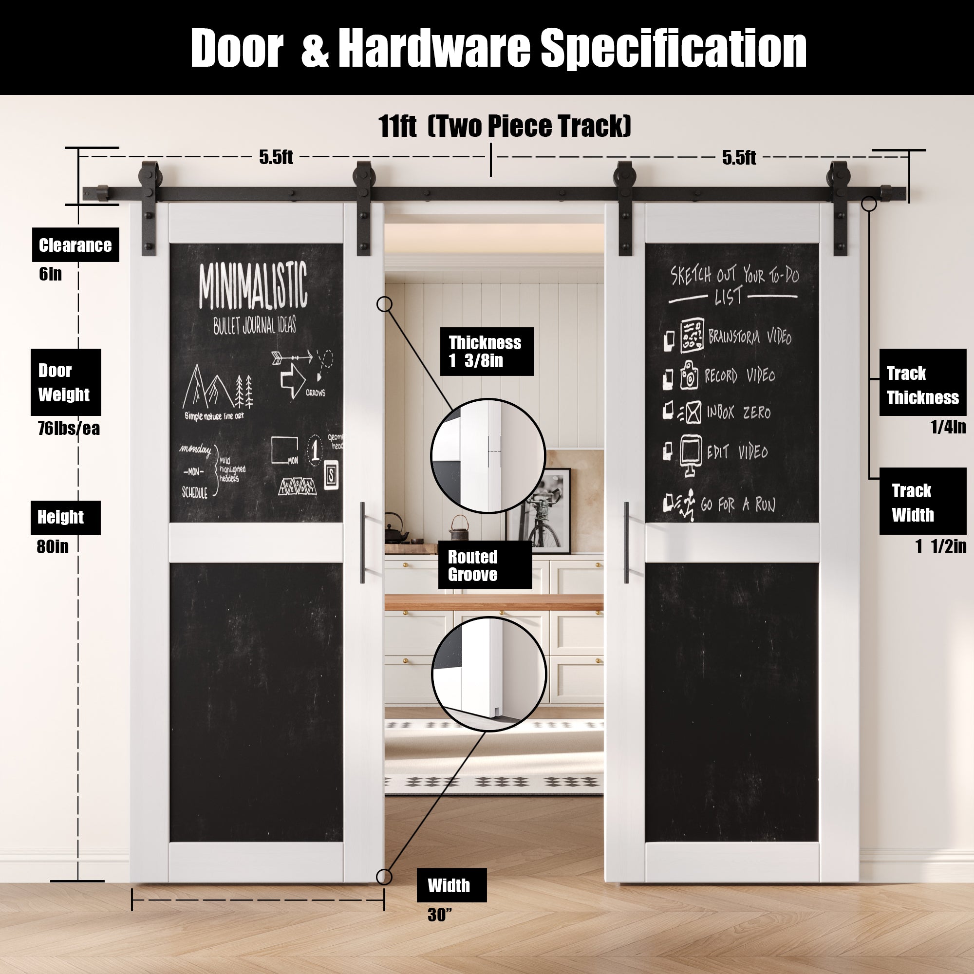 80" Height White Chalkboard Design Double Unassembled & Finished Pine Wood Barn Doors with Non-Bypass Installation Hardware Kit (Interior Use Only)