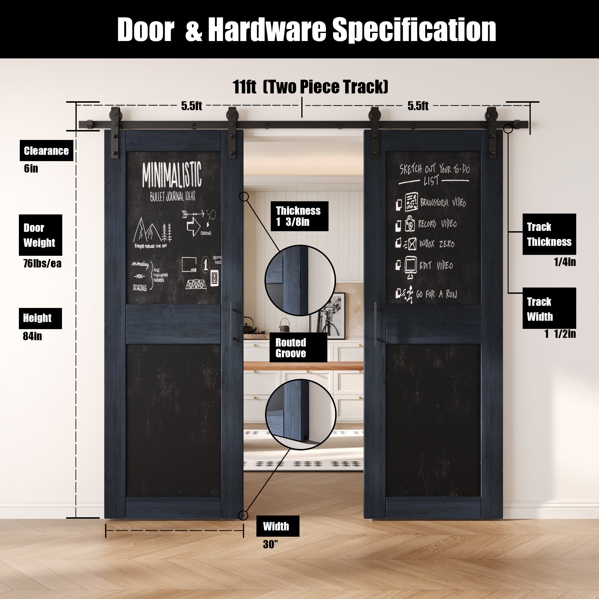 84" Height Navy Chalkboard Design Double Unassembled & Finished Pine Wood Barn Doors with Non-Bypass Installation Hardware Kit (Interior Use Only)