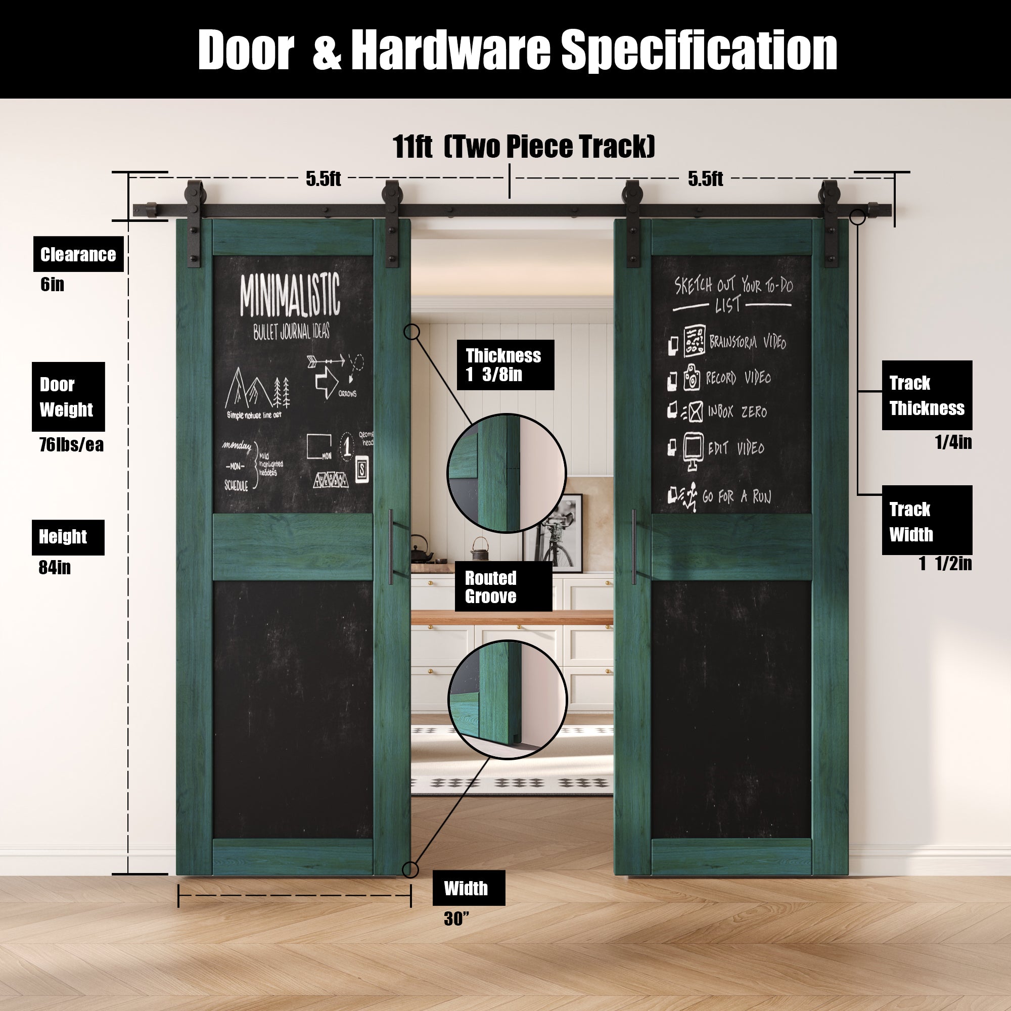 84" Height Royal Pine Chalkboard Design Double Unassembled & Finished Pine Wood Barn Doors with Non-Bypass Installation Hardware Kit (Interior Use Only)