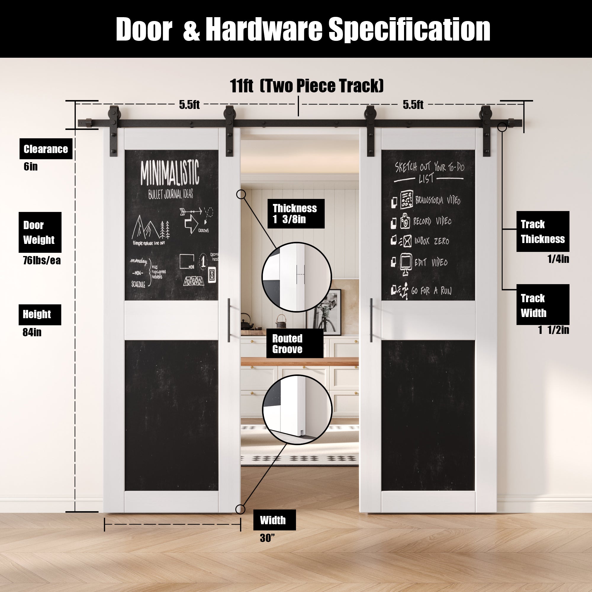 84" Height White Chalkboard Design Double Unassembled & Finished Pine Wood Barn Doors with Non-Bypass Installation Hardware Kit (Interior Use Only)