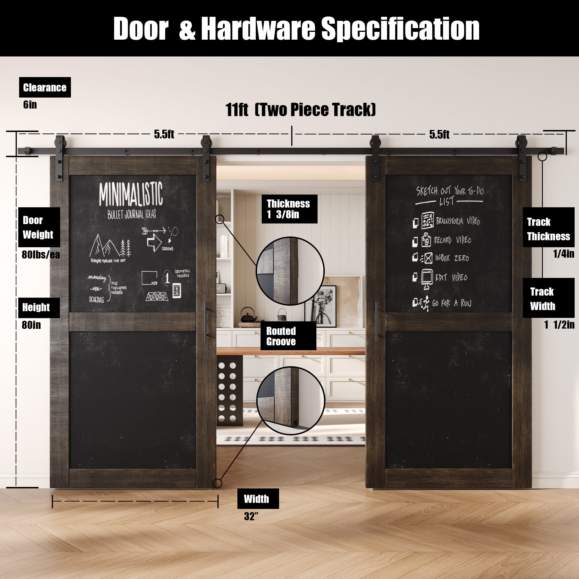80" Height Ebony Chalkboard Design Double Unassembled & Finished Pine Wood Barn Doors with Non-Bypass Installation Hardware Kit (Interior Use Only)