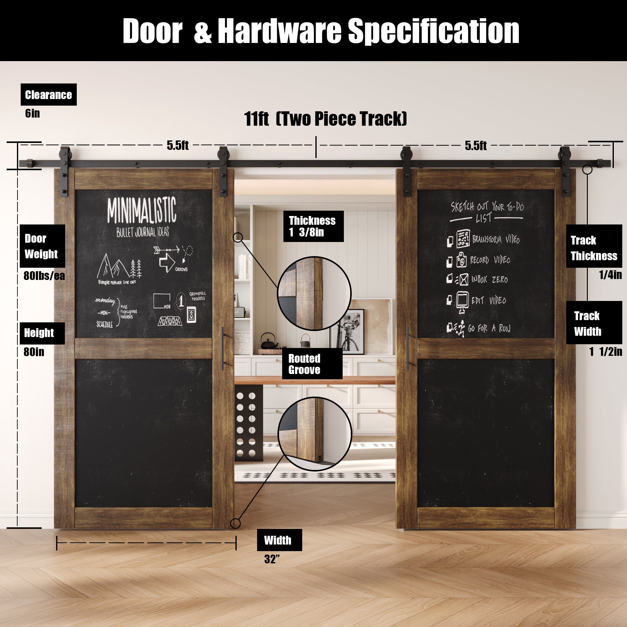80" Height Dark Walnut Chalkboard Design Double Unassembled & Finished Pine Wood Barn Doors with Non-Bypass Installation Hardware Kit (Interior Use Only)