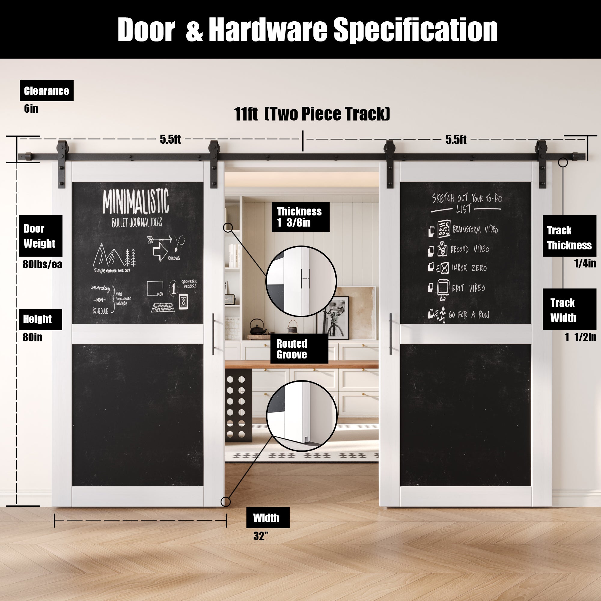 80" Height White Chalkboard Design Double Unassembled & Finished Pine Wood Barn Doors with Non-Bypass Installation Hardware Kit (Interior Use Only)