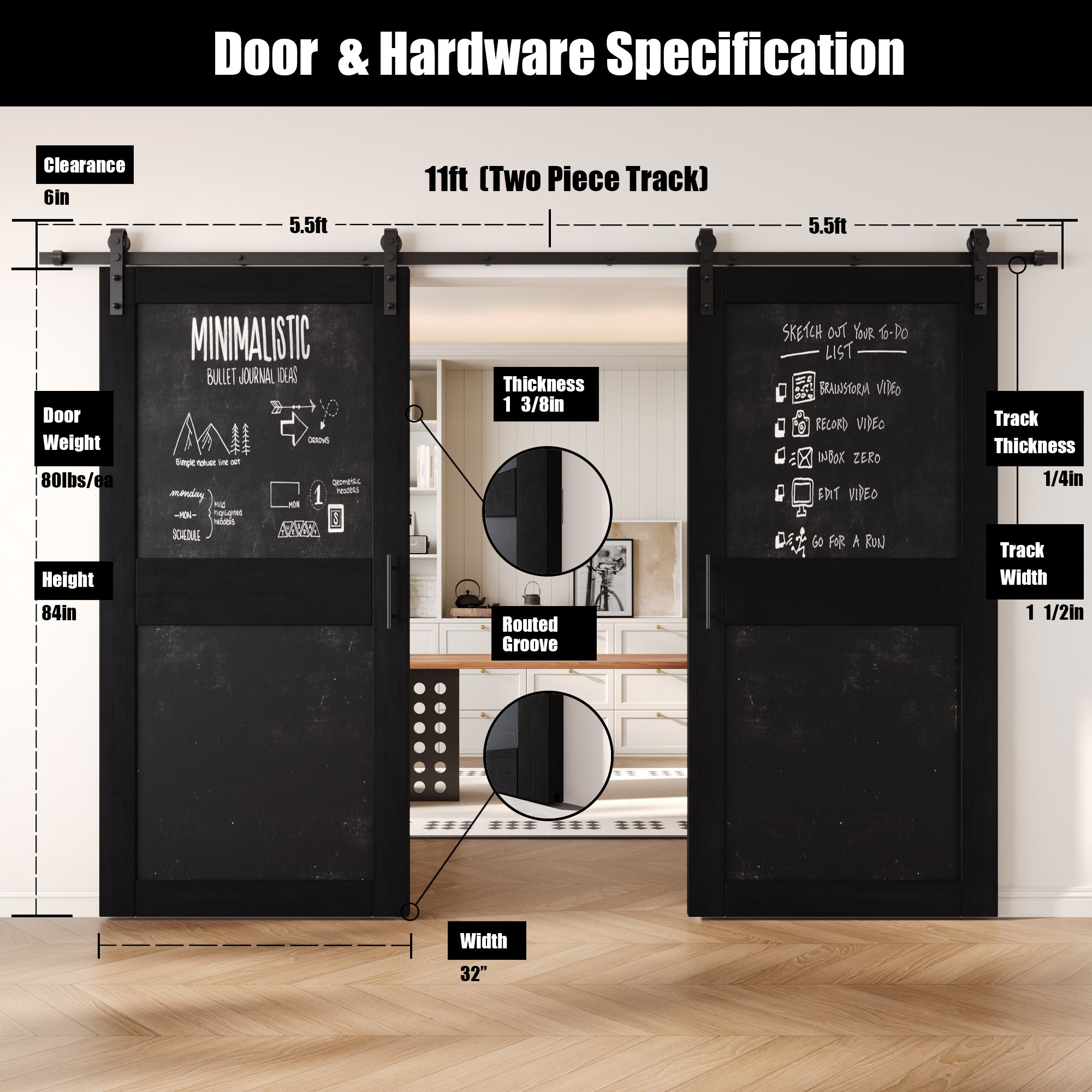 84" Height Black Chalkboard Design Double Unassembled & Finished Pine Wood Barn Doors with Non-Bypass Installation Hardware Kit (Interior Use Only)