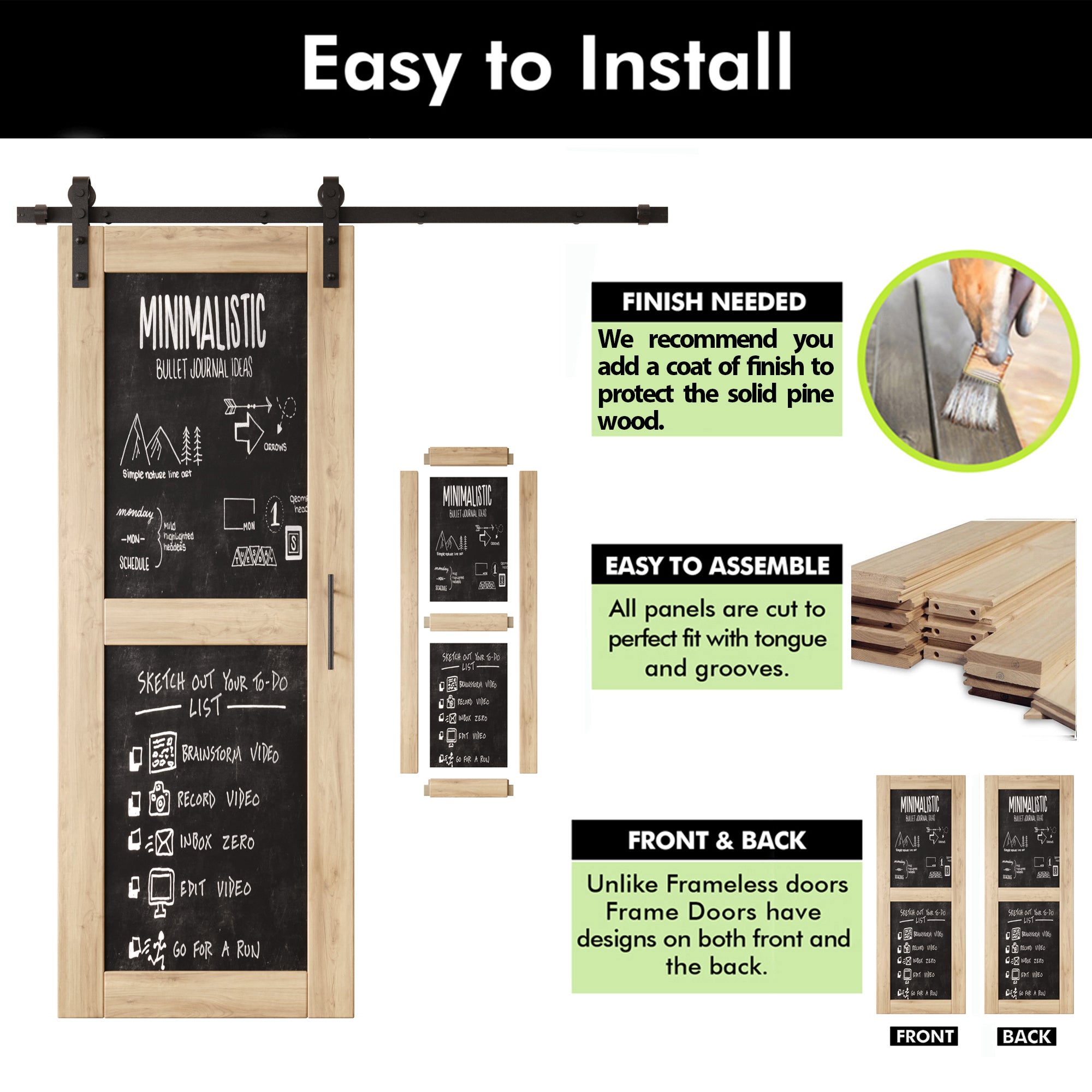 80" Height Chalkboard Design Double Unassembled & Unfinished Pine Wood Barn Doors with Non-Bypass Installation Hardware Kit (Interior Use Only)