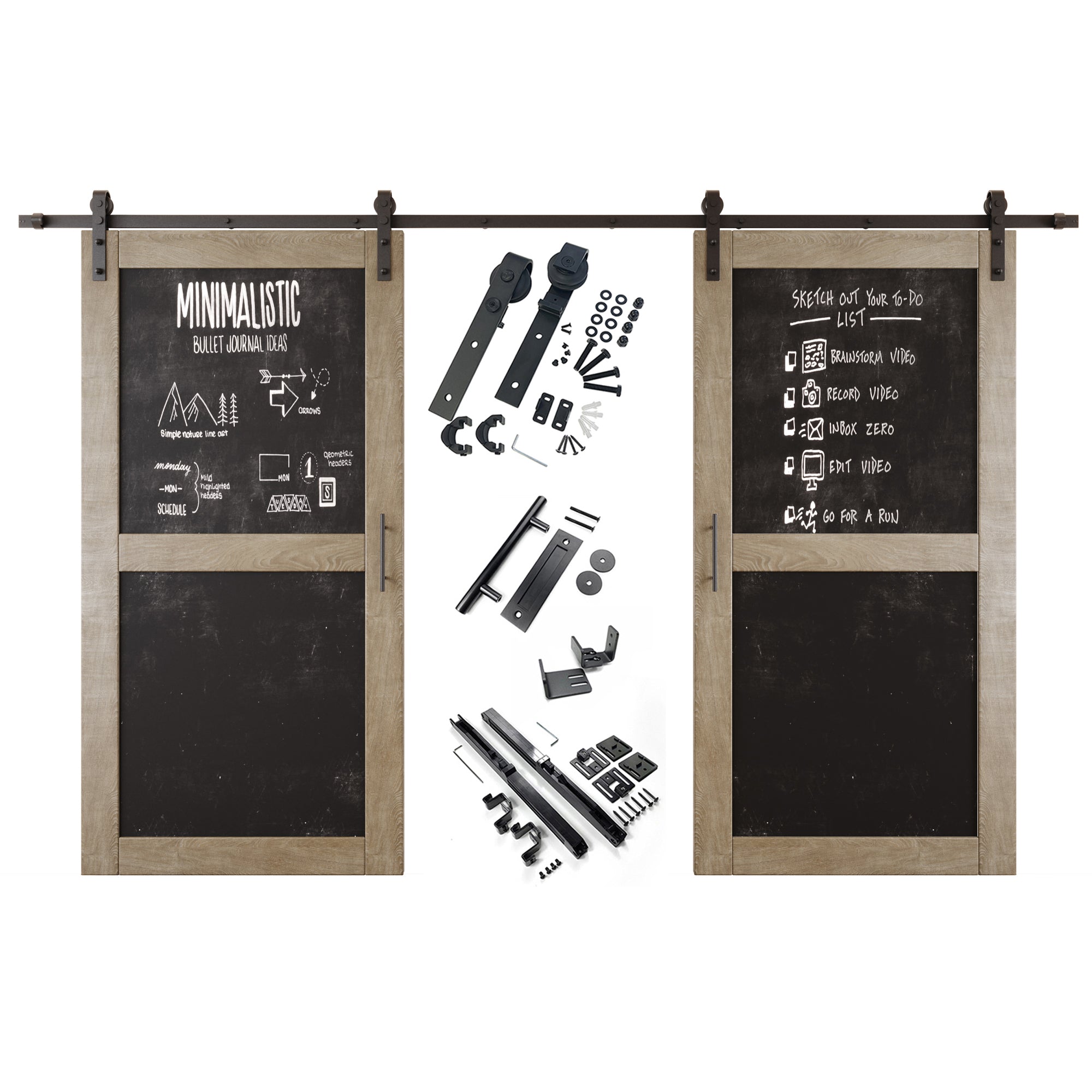 80" Height Classic Gray Chalkboard Design Double Unassembled & Finished Pine Wood Barn Doors with Non-Bypass Installation Hardware Kit (Interior Use Only)