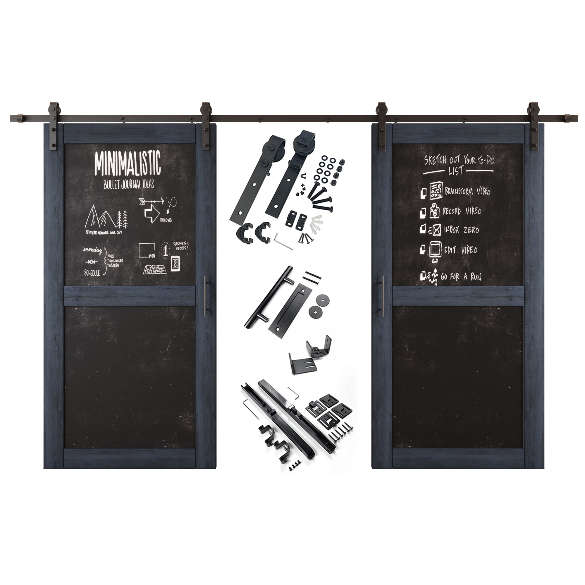 80" Height Navy Chalkboard Design Double Unassembled & Finished Pine Wood Barn Doors with Non-Bypass Installation Hardware Kit (Interior Use Only)