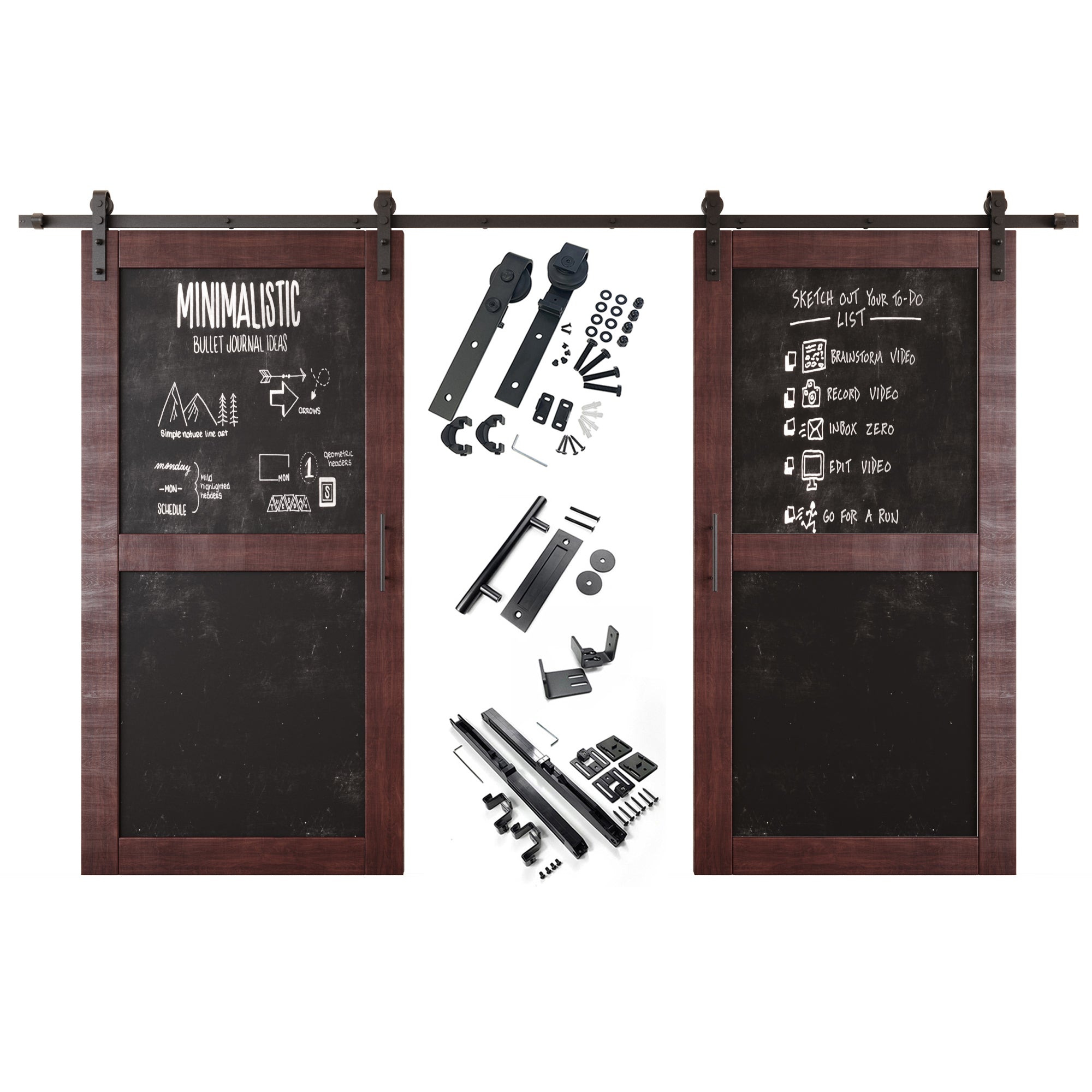 80" Height Red Mahogany Chalkboard Design Double Unassembled & Finished Pine Wood Barn Doors with Non-Bypass Installation Hardware Kit (Interior Use Only)