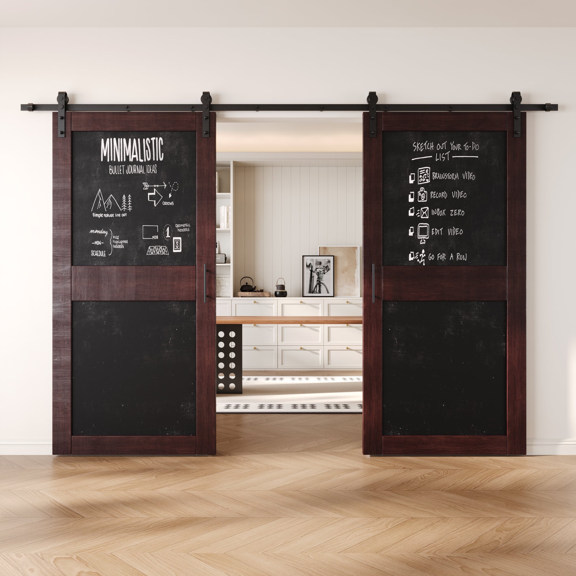 84" Height Red Mahogany Chalkboard Design Double Unassembled & Finished Pine Wood Barn Doors with Non-Bypass Installation Hardware Kit (Interior Use Only)