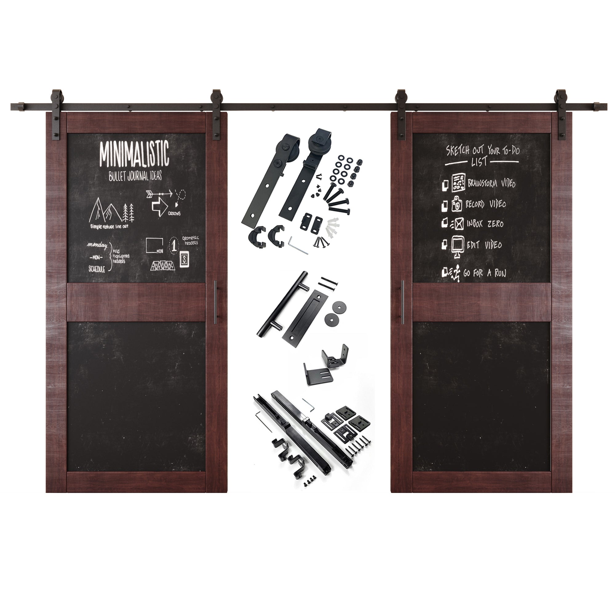 84" Height Red Mahogany Chalkboard Design Double Unassembled & Finished Pine Wood Barn Doors with Non-Bypass Installation Hardware Kit (Interior Use Only)
