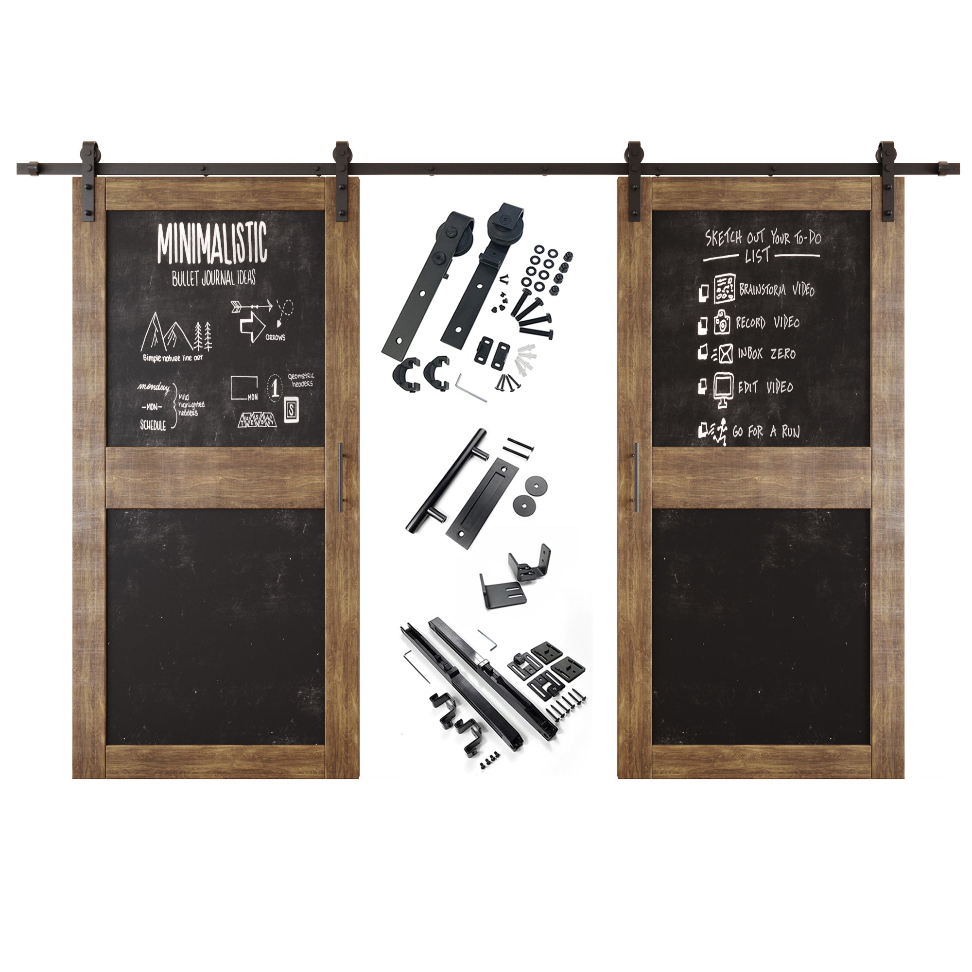 84" Height Dark Walnut Chalkboard Design Double Unassembled & Finished Pine Wood Barn Doors with Non-Bypass Installation Hardware Kit (Interior Use Only)
