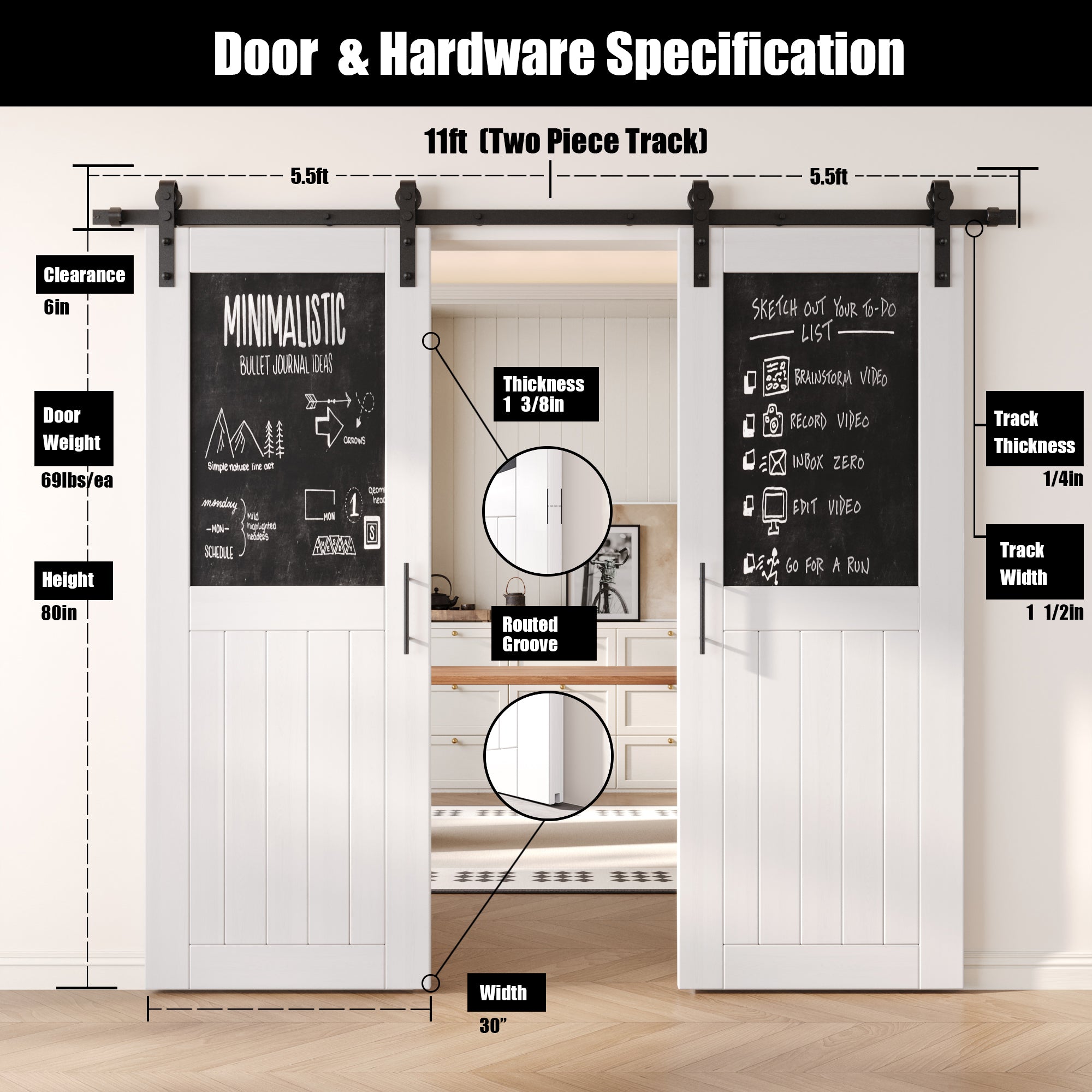 80" Height White Top Chalkboard Panel Double Unassembled & Finished Pine Wood Barn Doors with Non-Bypass Installation Hardware Kit (Interior Use Only)